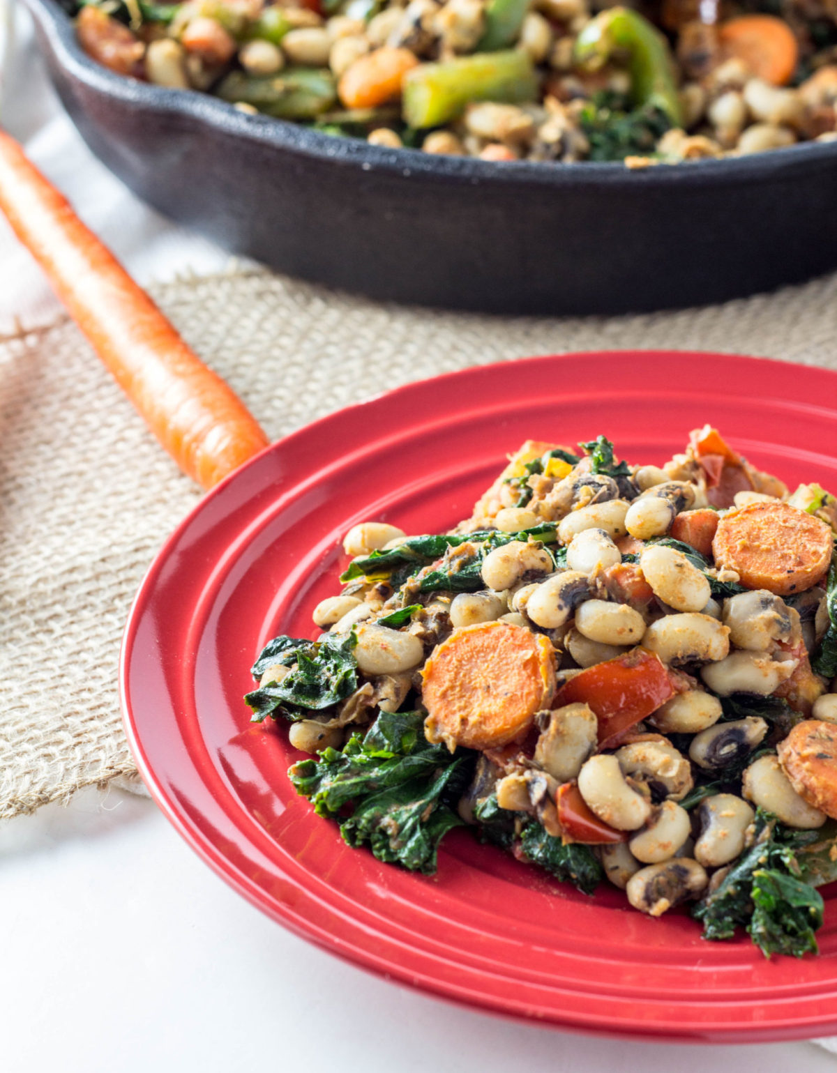 Black Eyed Pea Hash-This Black Eyed Pea Hash is quick and simple and made in one skillet with kale, carrots, and tomatoes. Perfect for New Year'sor anytime of year. Vegan, GF.