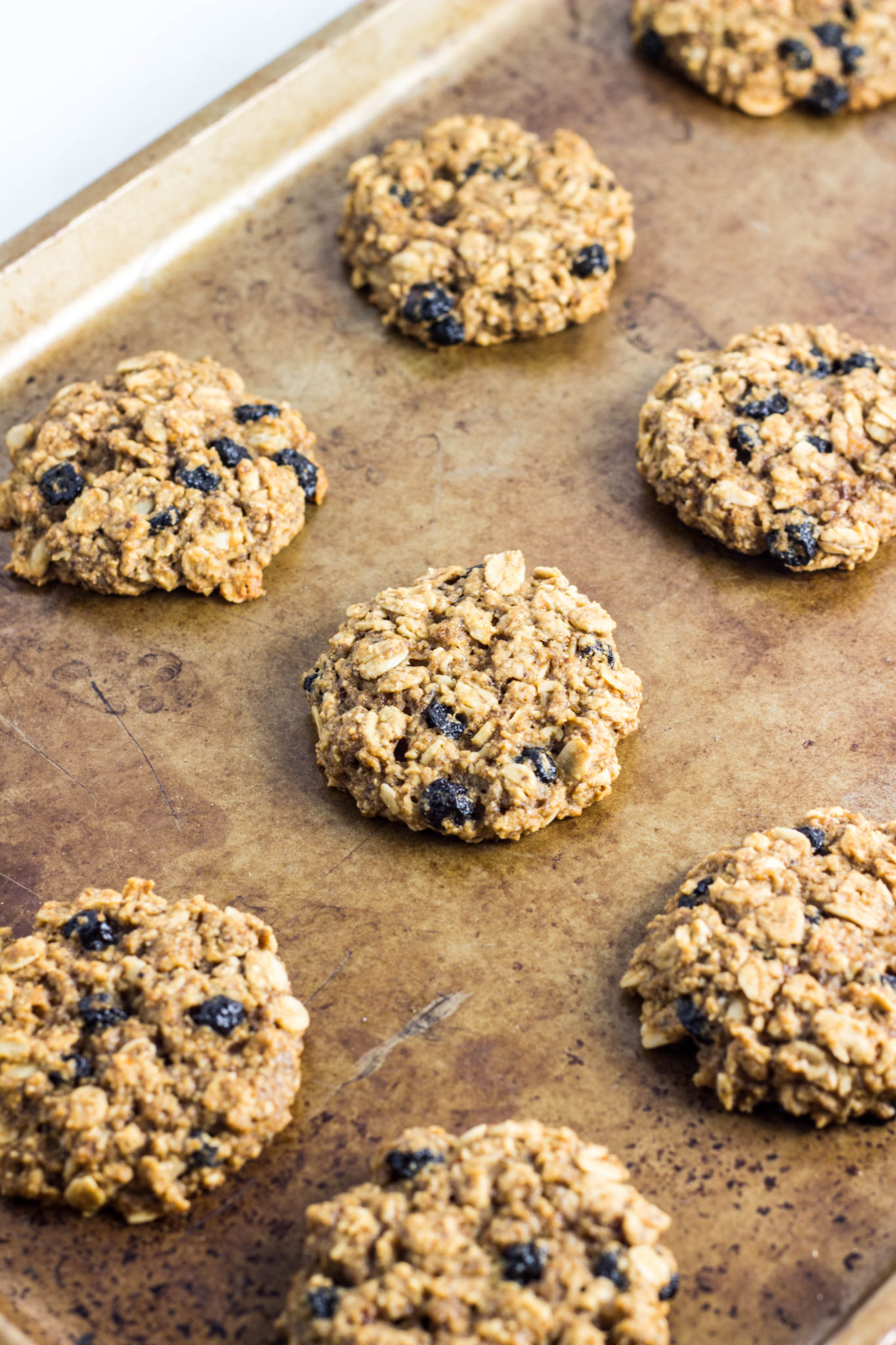 A baking sheet with Blueberry Oatmeal Cookies. 