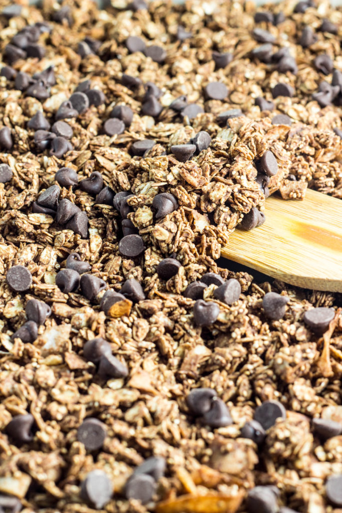 Double Chocolate Peanut Butter Granola-packed with protein and sweetened with maple syrup making it a great option for a snack and a healthier way to treat yourself! 