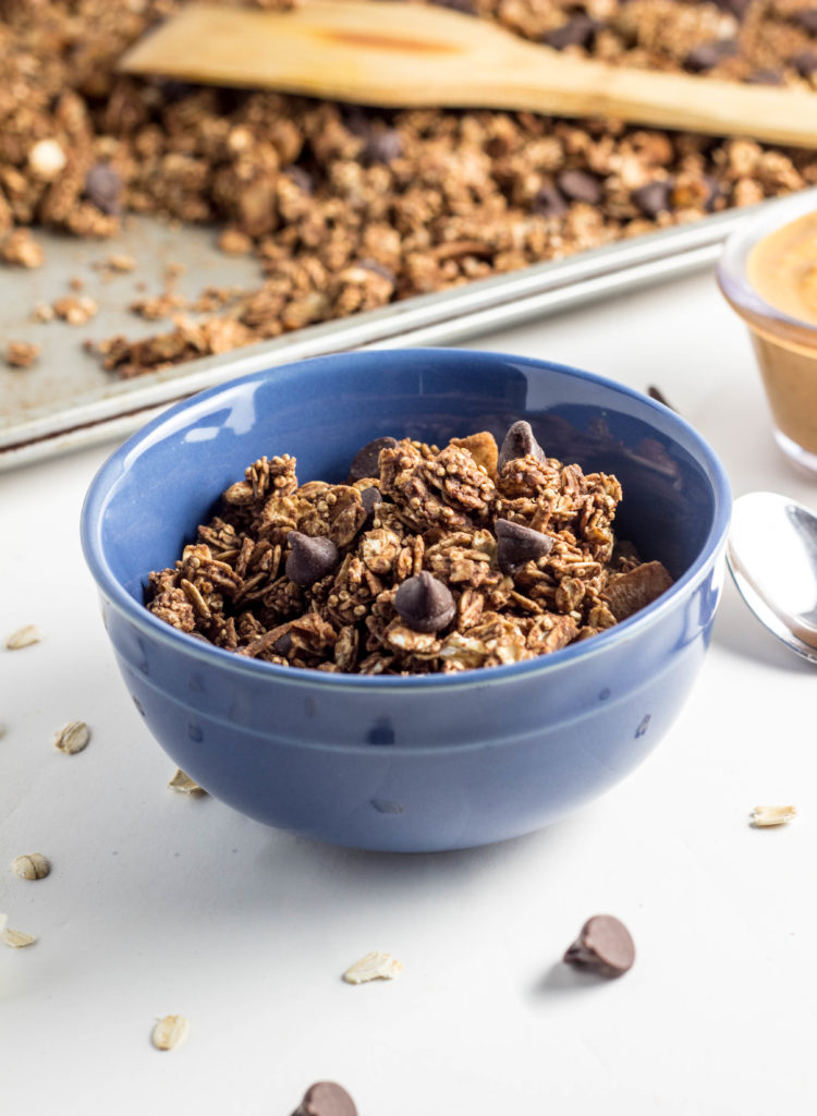 Double Chocolate Peanut Butter Granola-packed with protein and sweetened with maple syrup making it a great option for a snack and a healthier way to treat yourself! 