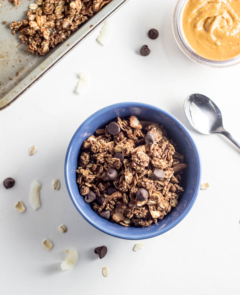Double Chocolate Peanut Butter Granola-packed with protein and sweetened with maple syrup making it a great option for a snack and a healthier way to treat yourself! 