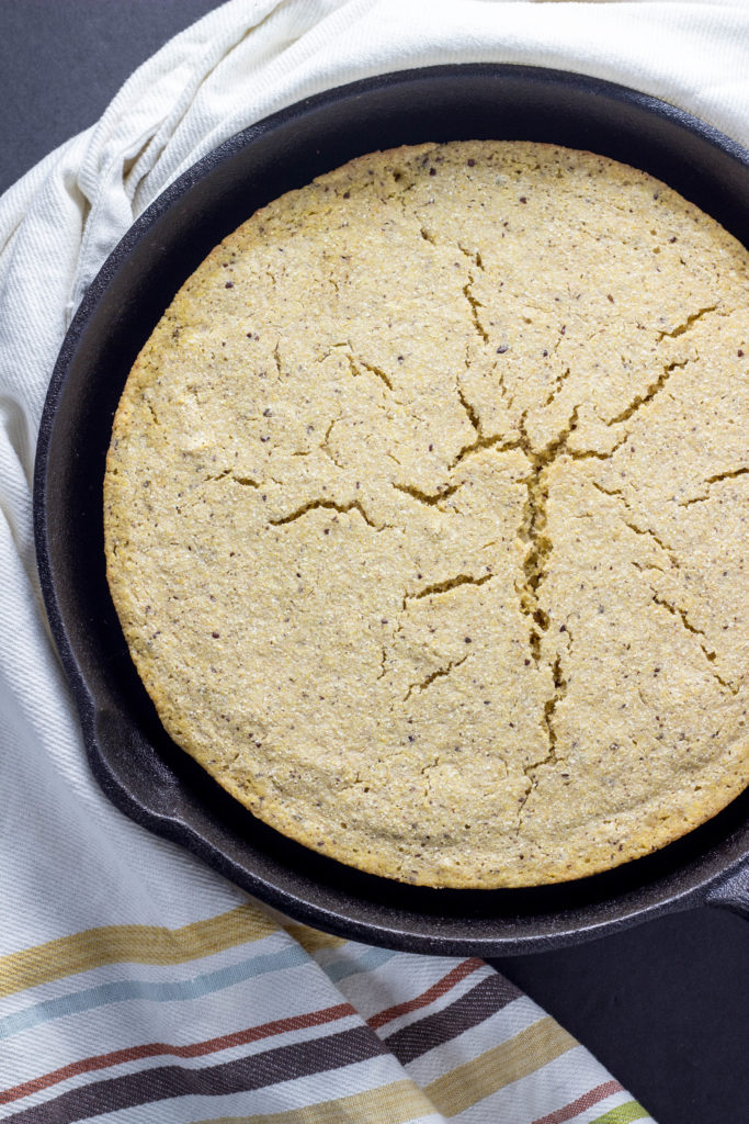 Oil Free Skillet Cornbread--made southern style without any sugar and vegan. Made with only 8 ingredients and ready in just 30 minutes. Gluten free option.