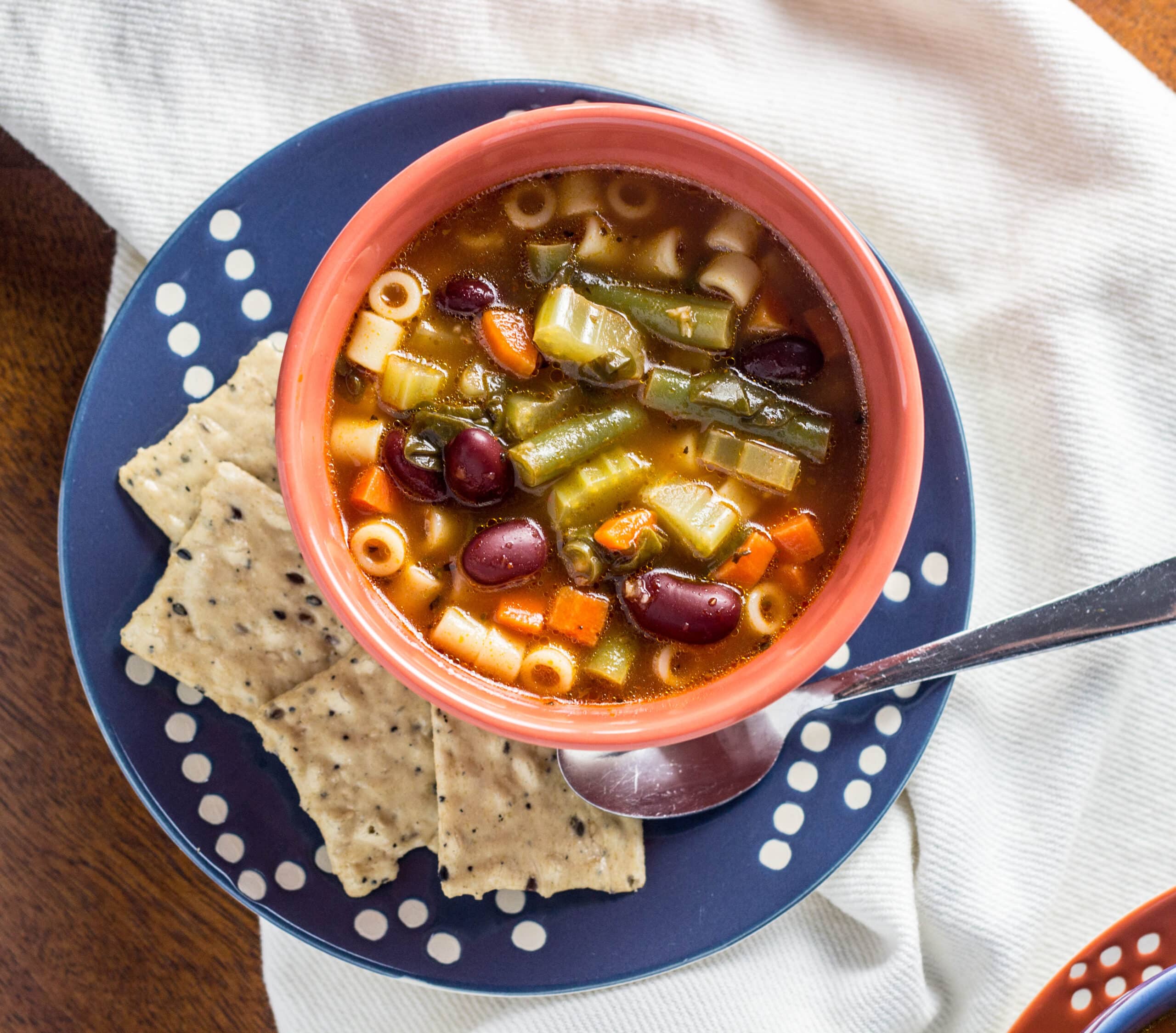 Overhead shot of soup in a small bowl.