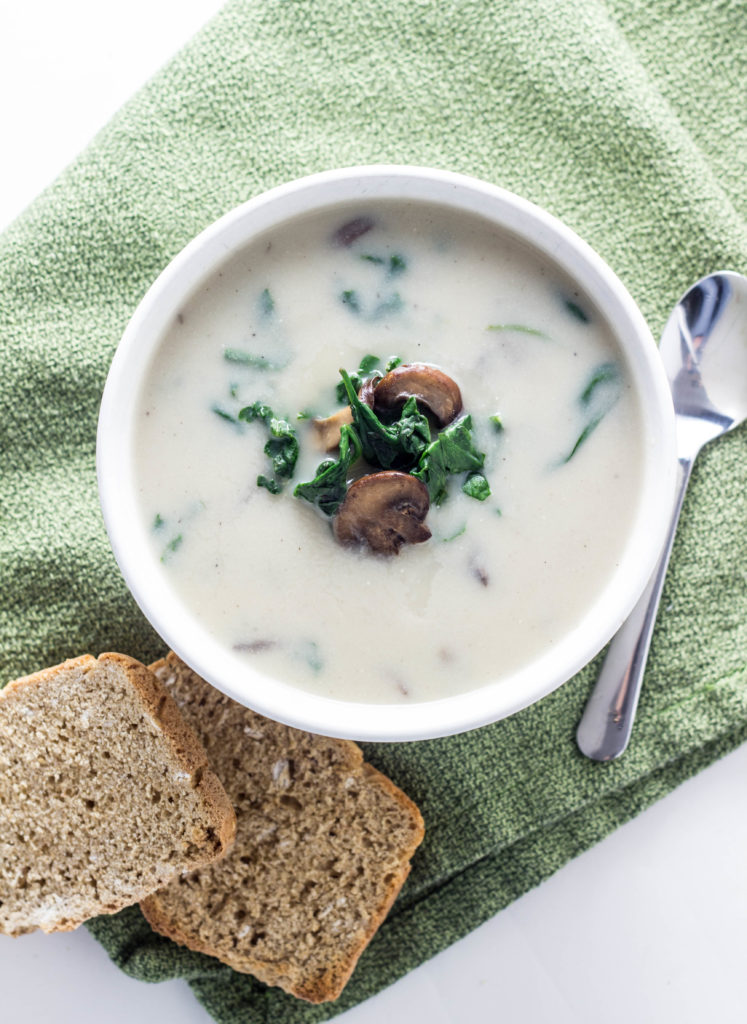 Creamy Mushroom Spinach Soup-This soup is made with cauliflower for lower fat than traditional cream base soup. Just 10 ingredients and 35 minutes to make.