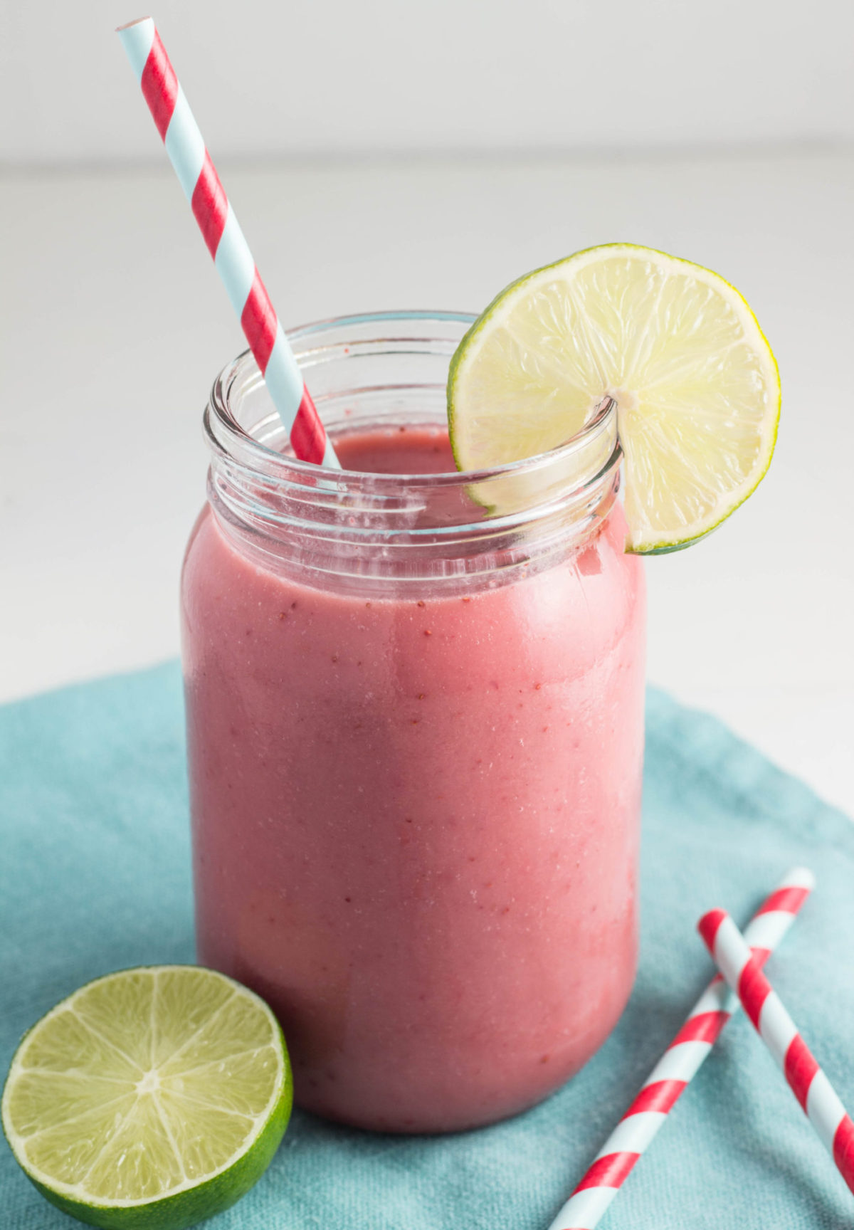 Side view of Strawberry Limeade Smoothie. 