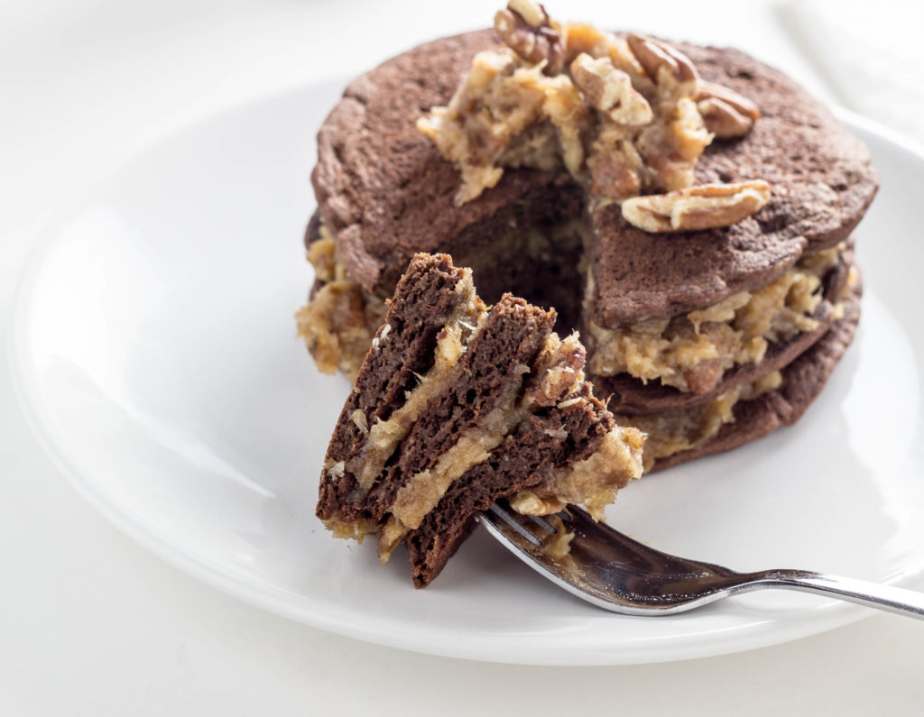 Vegan German Chocolate Pancakes-These pancakes are made with whole wheat flour, no refined sugar, and ready in 30 minutes. Quicker,healthier, & as delicious as cake.