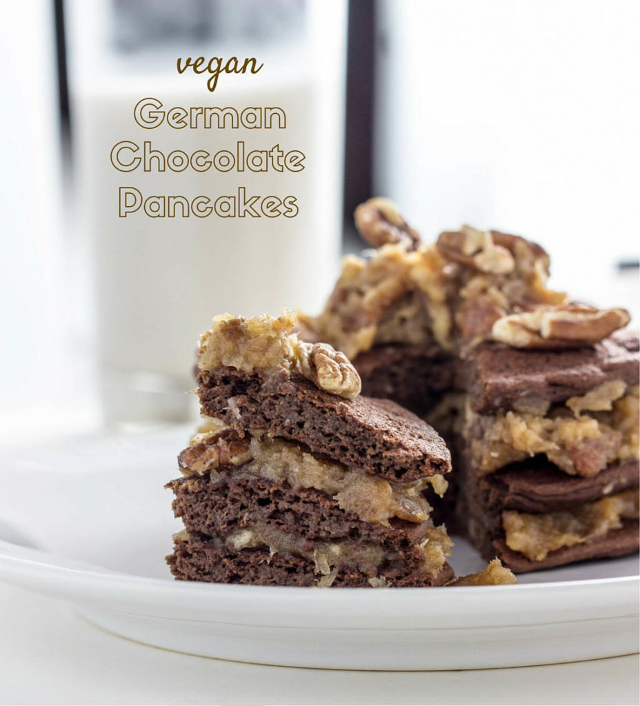 Vegan German Chocolate Pancakes-These pancakes are made with whole wheat flour, no refined sugar, and ready in 30 minutes. Quicker,healthier, & as delicious as cake.