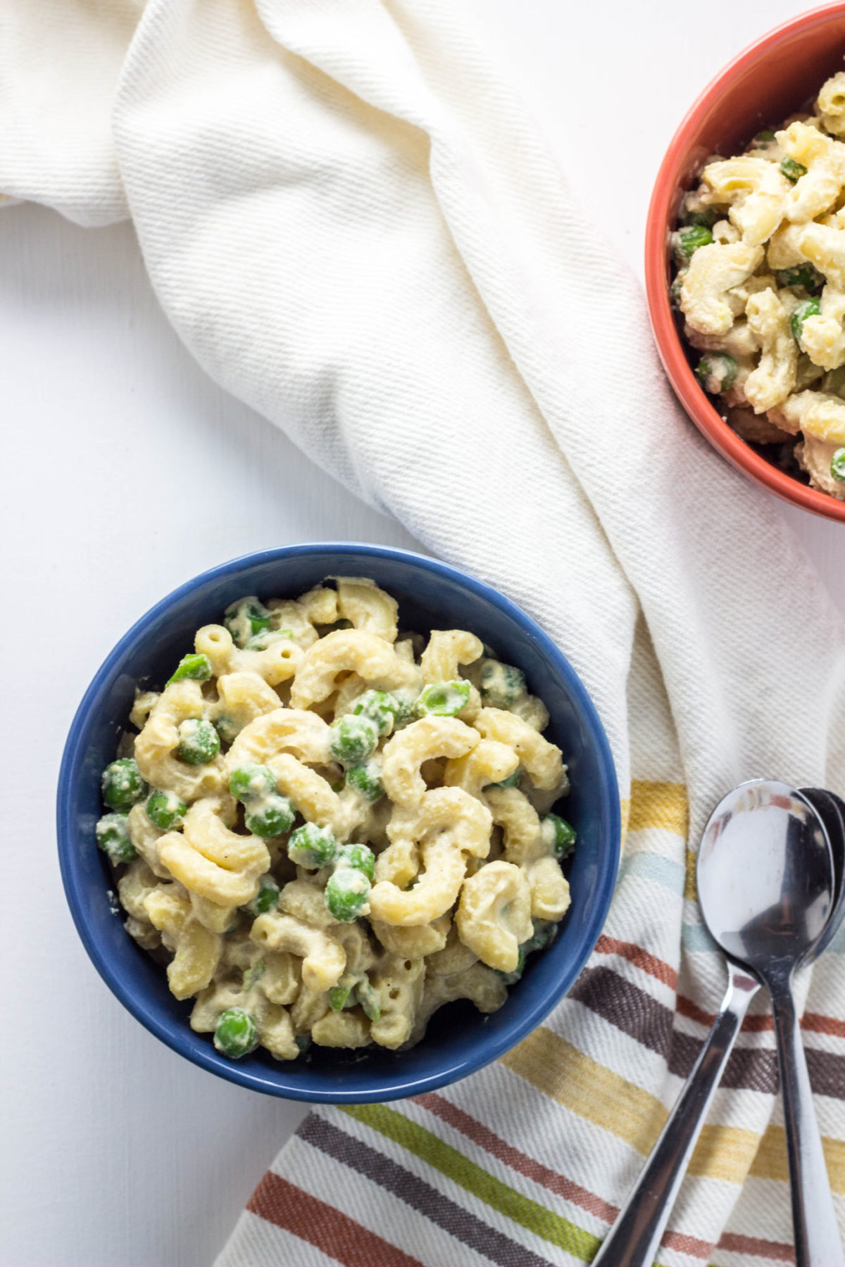 Top view of Cashew Mac 'n Cheese in a blue bowl. 