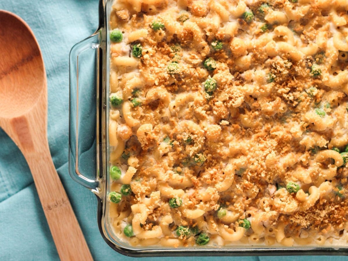 Healthy Chickpea Noodle Casserole in a baking dish. 