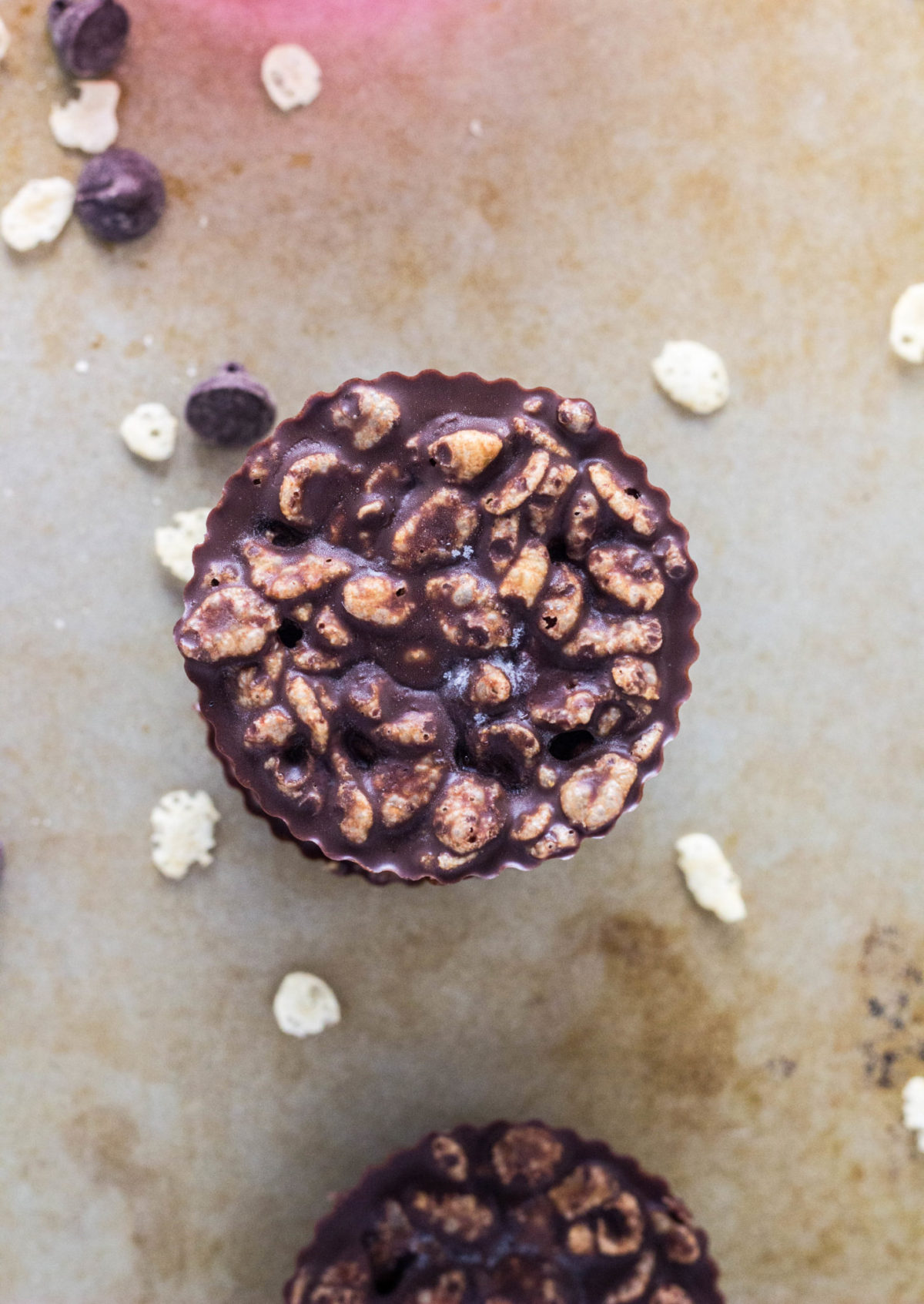 Top view of Vegan 100 Grand Candy Bar Cup with rice cereal and chocolate chips 