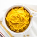 Homemade Pumpkin Puree in a white bowl.
