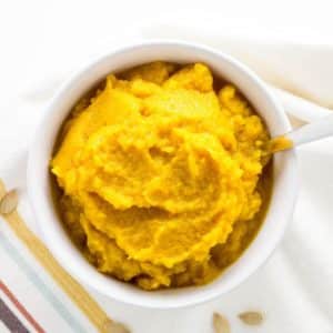 Homemade Pumpkin Puree in a white bowl.