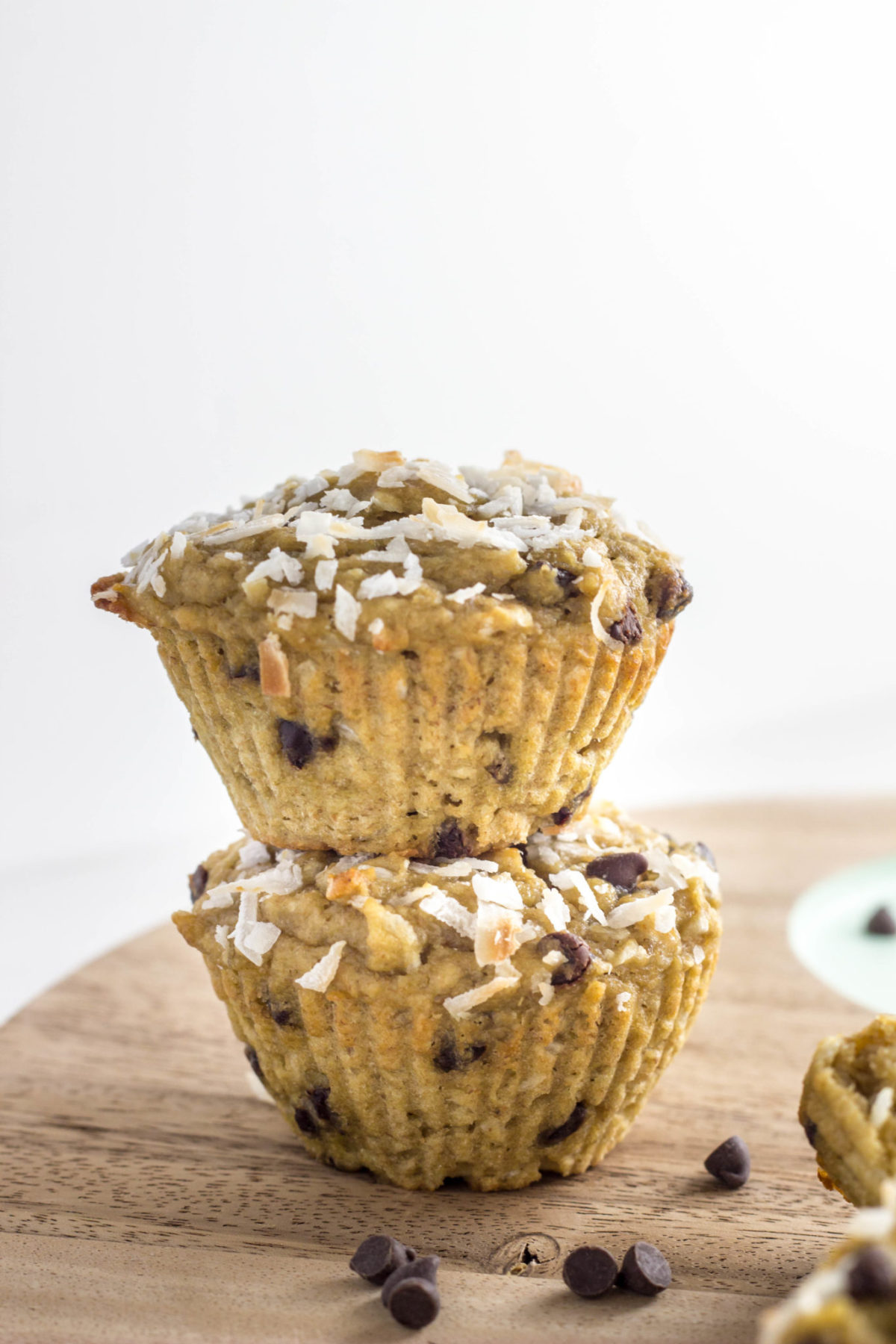 Stacked Coconut Chocolate Chip Banana Muffins 