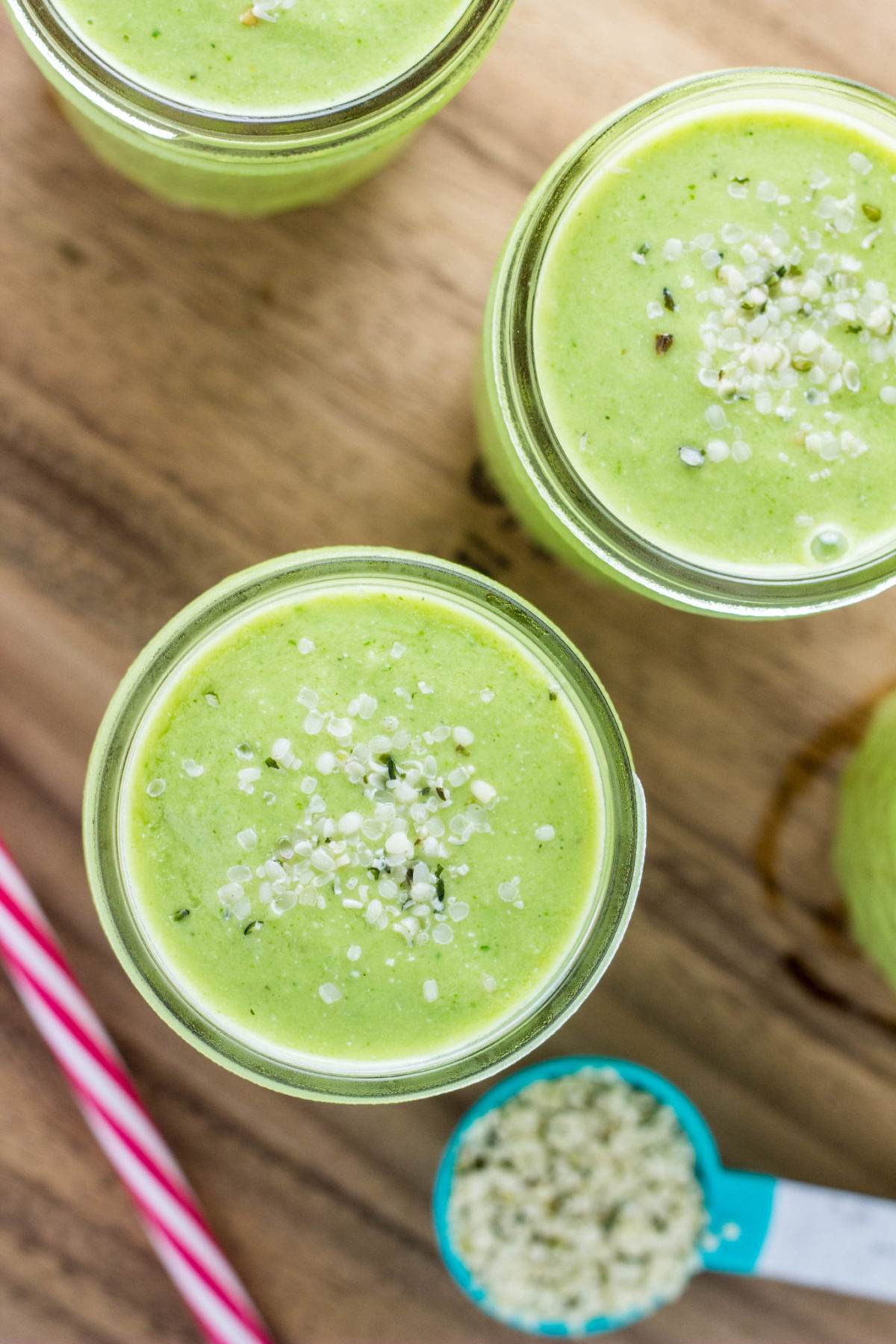 Close up top view of glasses of Kid Friendly Green Smoothies.  