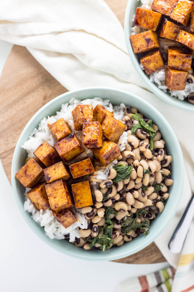 Smoky Baked Tofu Black Eye Pea Bowls 