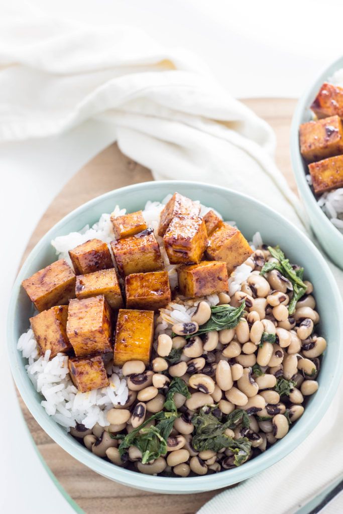 Smoky Baked Tofu Black Eye Pea Bowls 