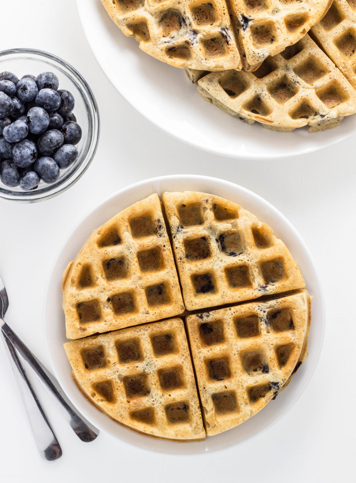 Over head shot of Whole Wheat Blueberry Waffle. 