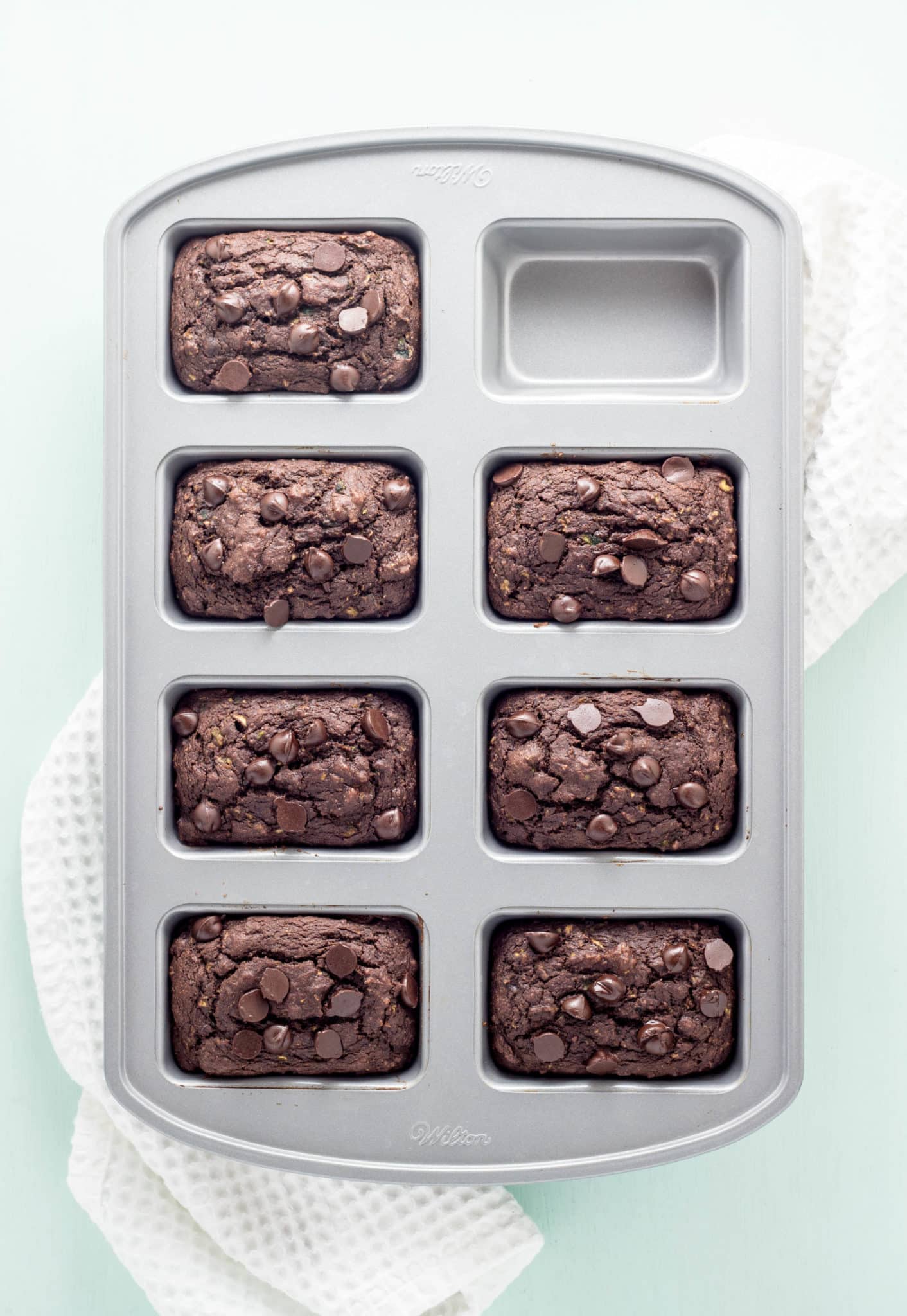 Overhead shot of Chocolate Zucchini Bread Mini Loaves in pan.