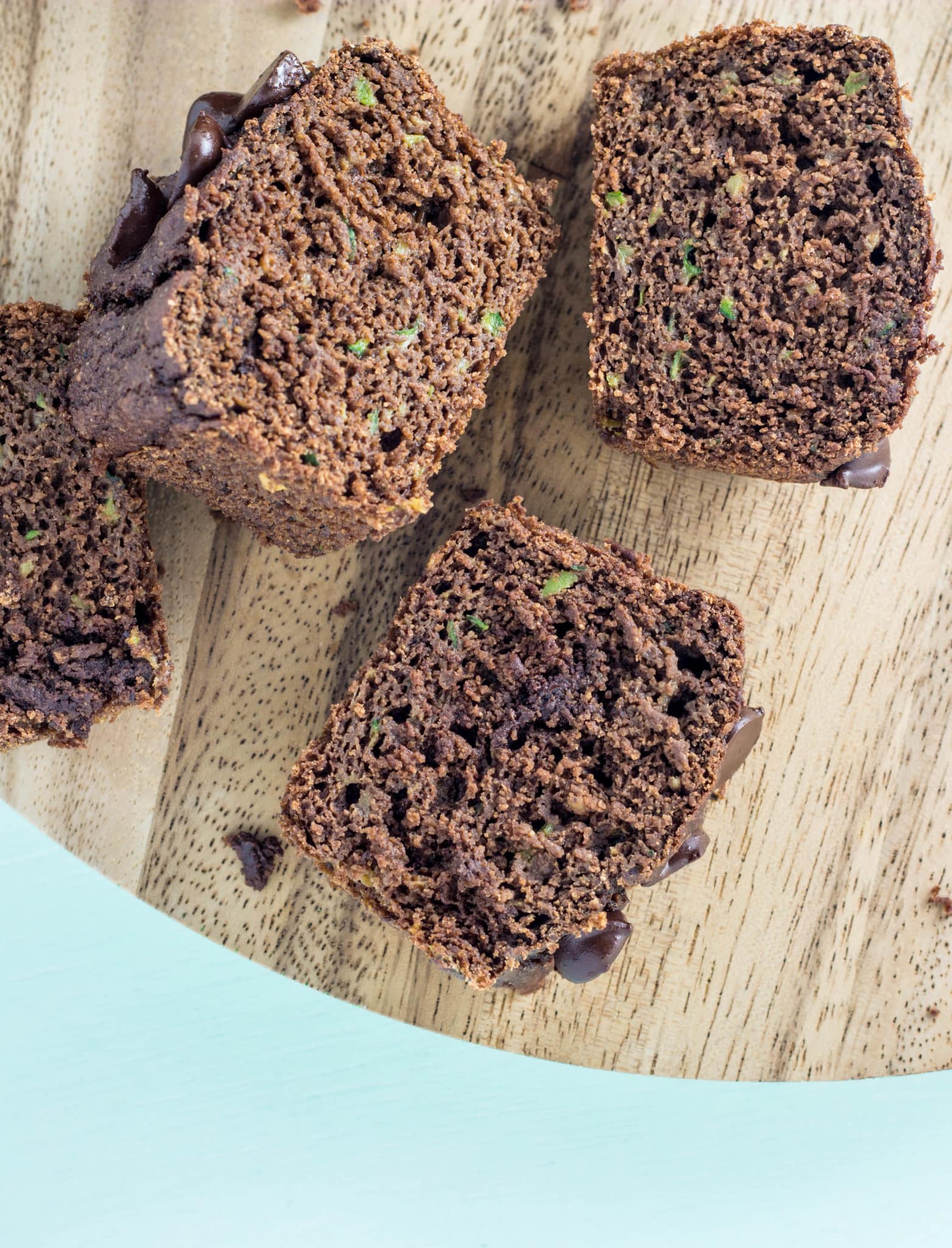 Close up overhead shot of slices of Chocolate Zucchini Bread Mini Loaves.