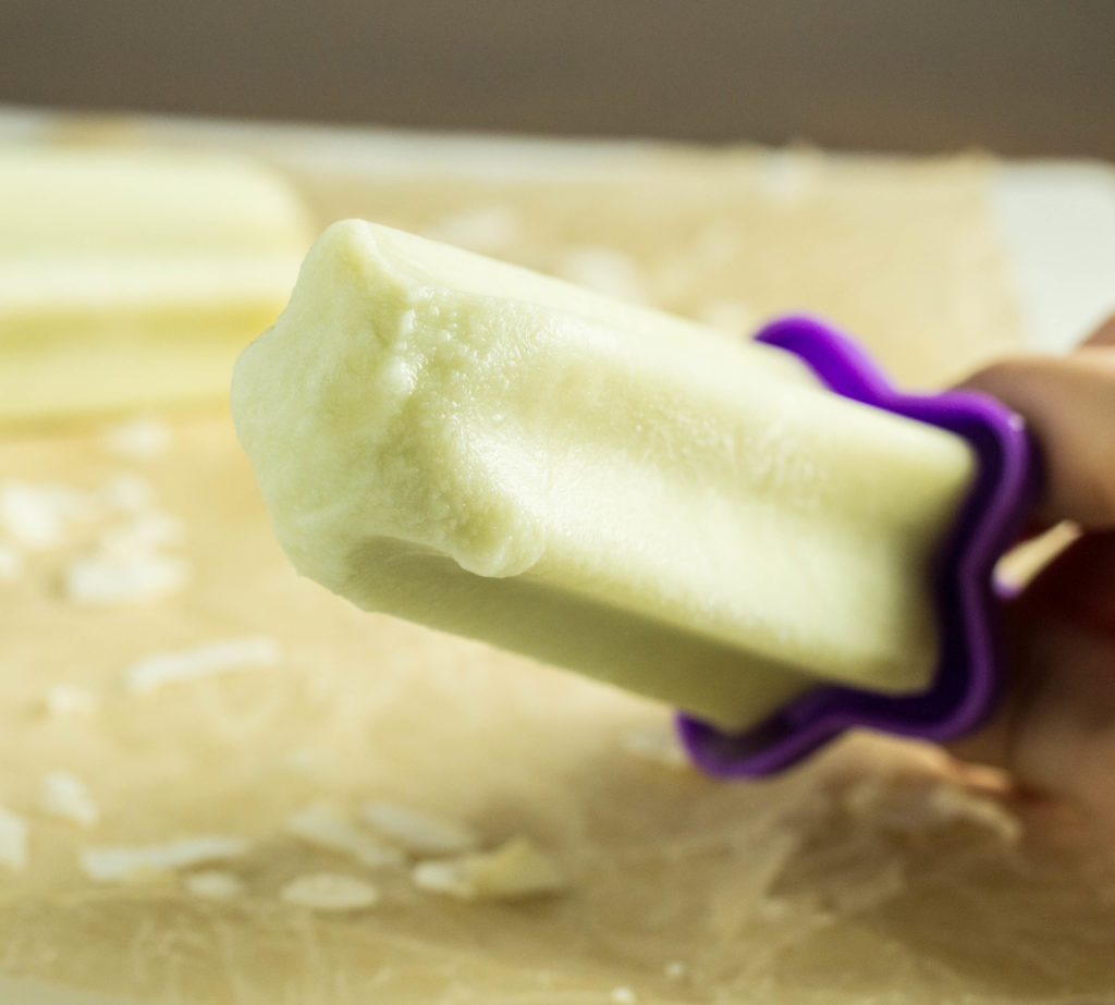 Close up of Honeydew Melon Popsicles showing creamy texture. 