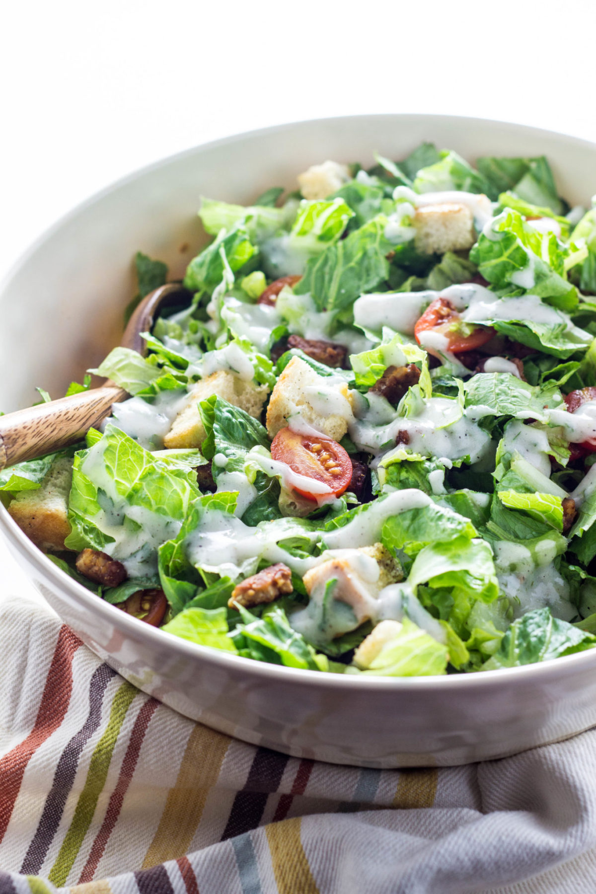 Side view of Vegan BLT Salad in large bowl. 