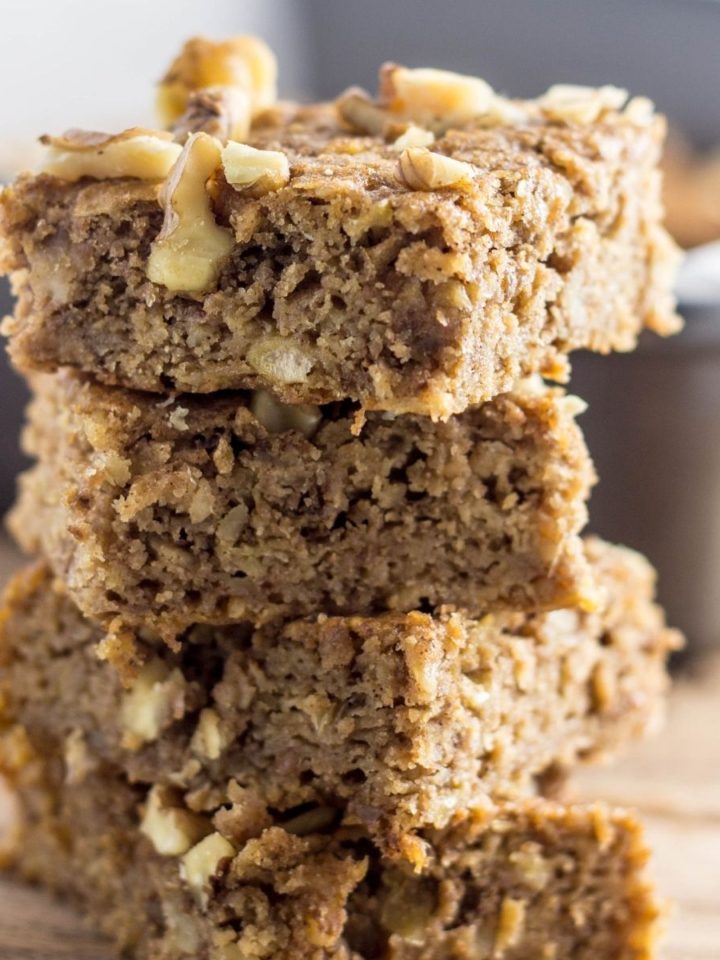 Close up side view of a stack of Vegan Apple Cinnamon Flapjacks.