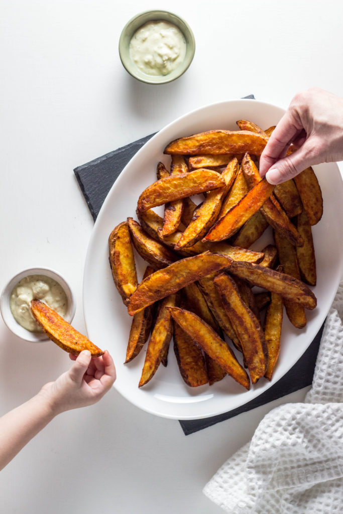 Buffalo Potato Wedges with Vegan Blue Cheese Dip