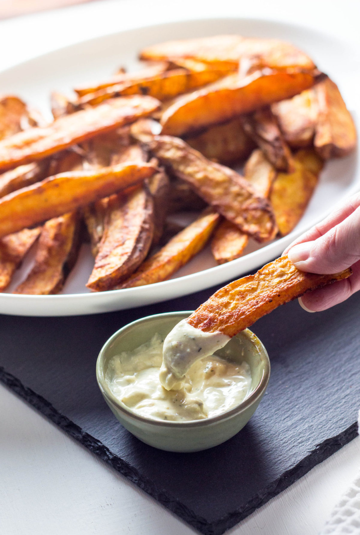 Buffalo Potato Wedges with Vegan Blue Cheese Dip