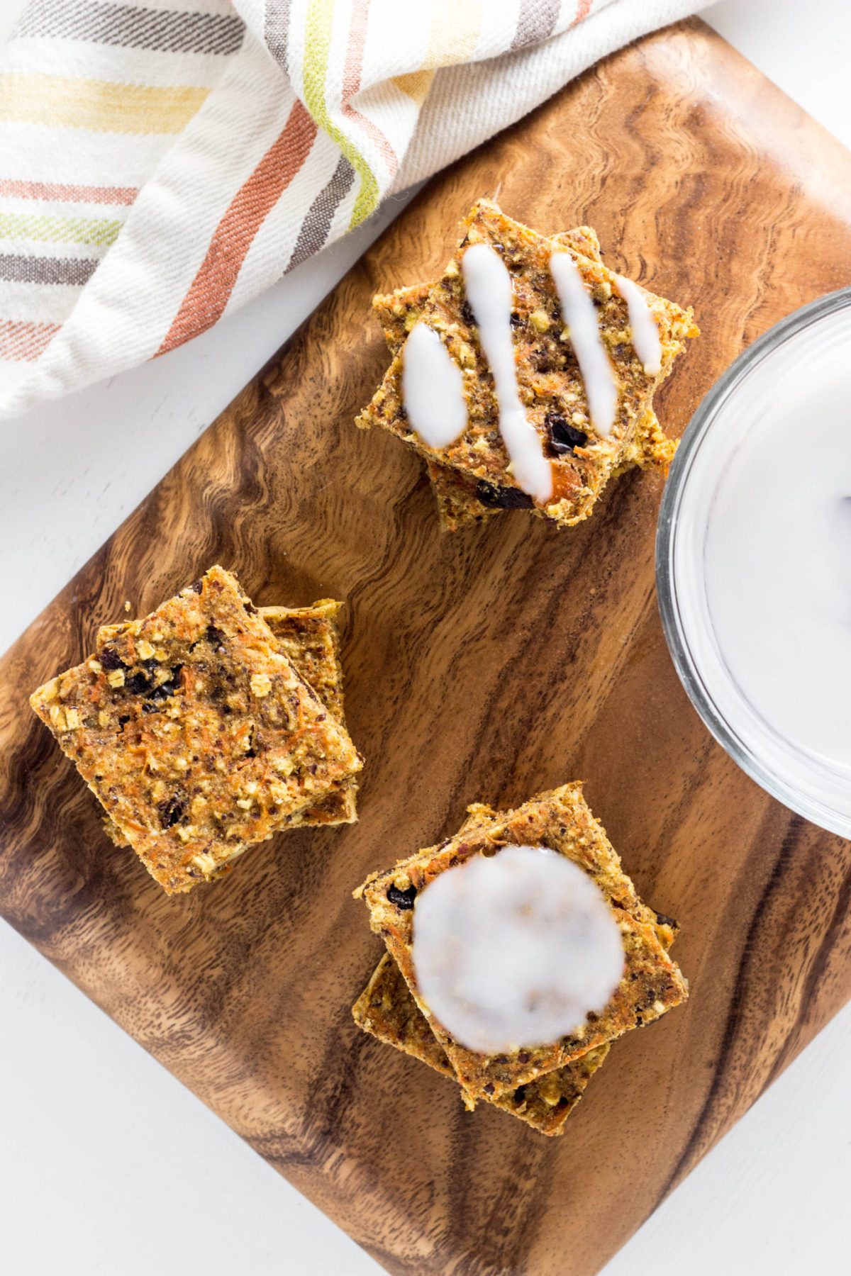 Overhead view of Carrot Cake Oat Squares with glaze. 