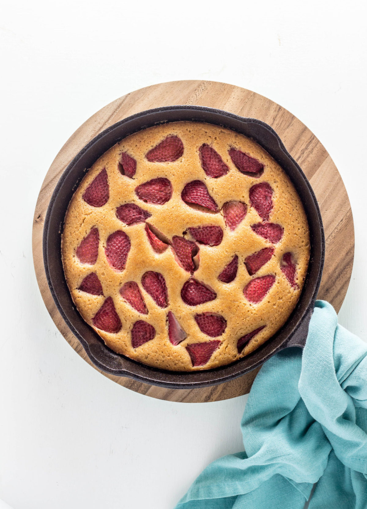 Top view of Vegan Berry Skillet Cake after baking. 