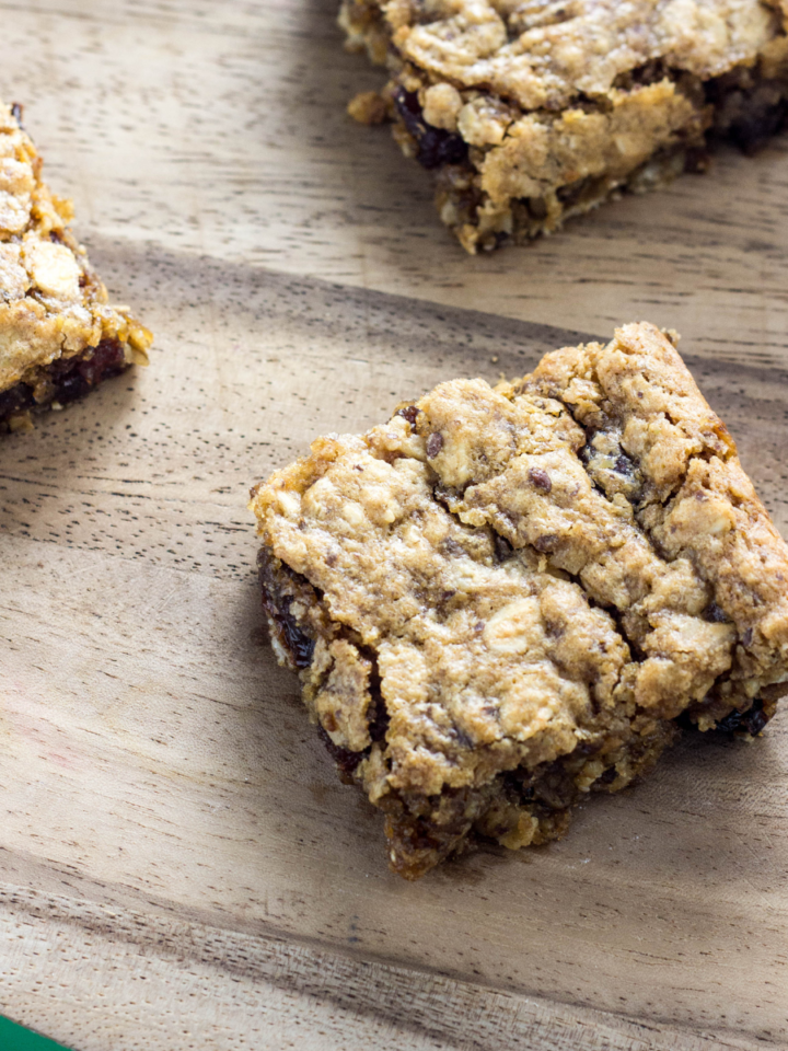 Close up view of Peanut Butter Oatmeal Raisin Cookie Bar.