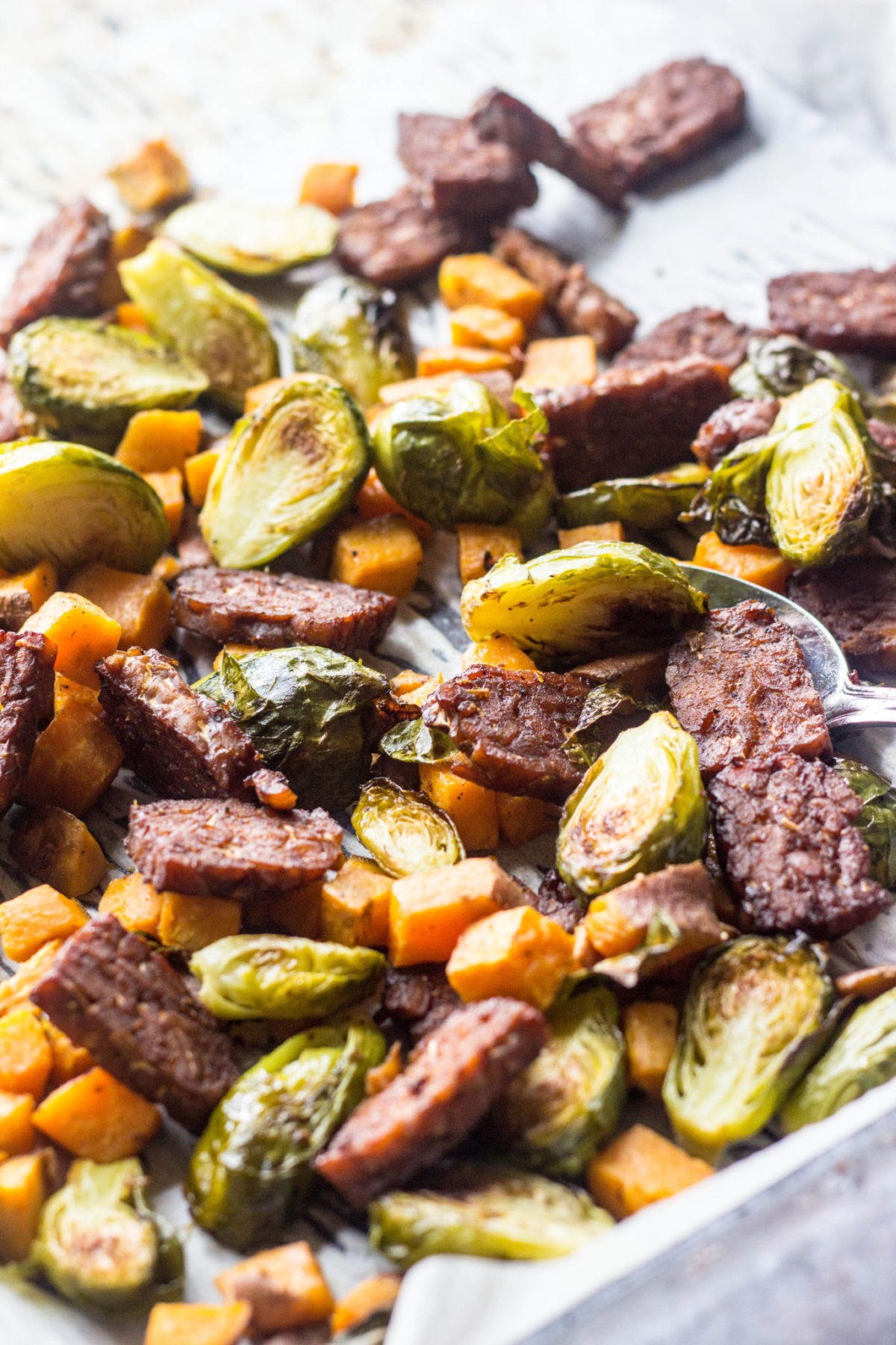 Brussels Sprout Tempeh Sheet pan Hash on baking sheet.  