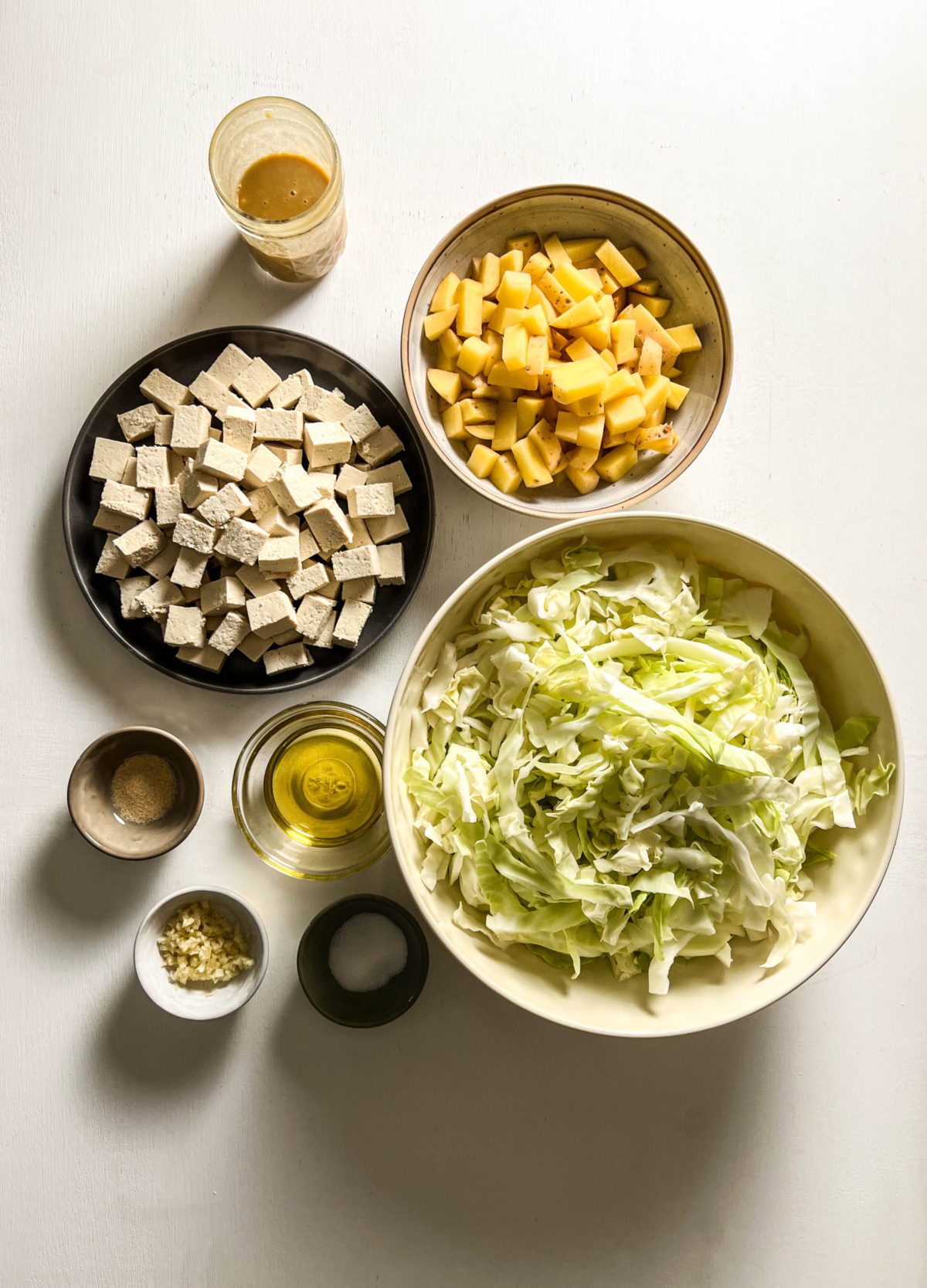 Overhead shot of ingredients for Cabbage Stir Fry with Tofu.