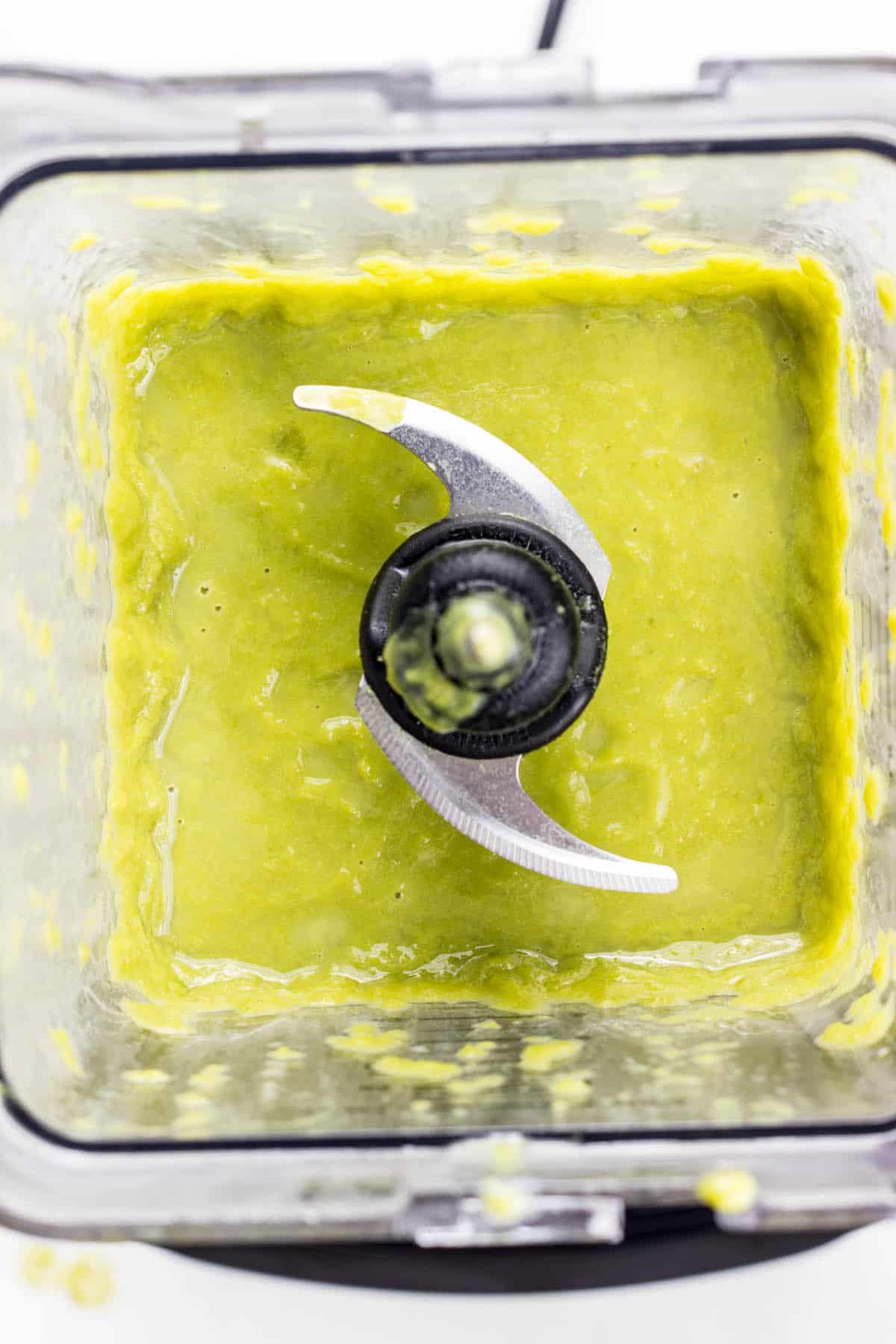 Top view of Creamy Asparagus Soup in a blender.