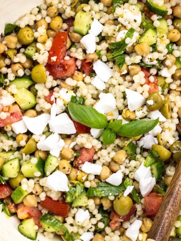 Close up top view of Vegan Mediterranean Couscous Salad (Feature Image)
