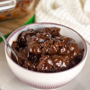 Vegan Chocolate Cobbler in a small bowl, feature image.