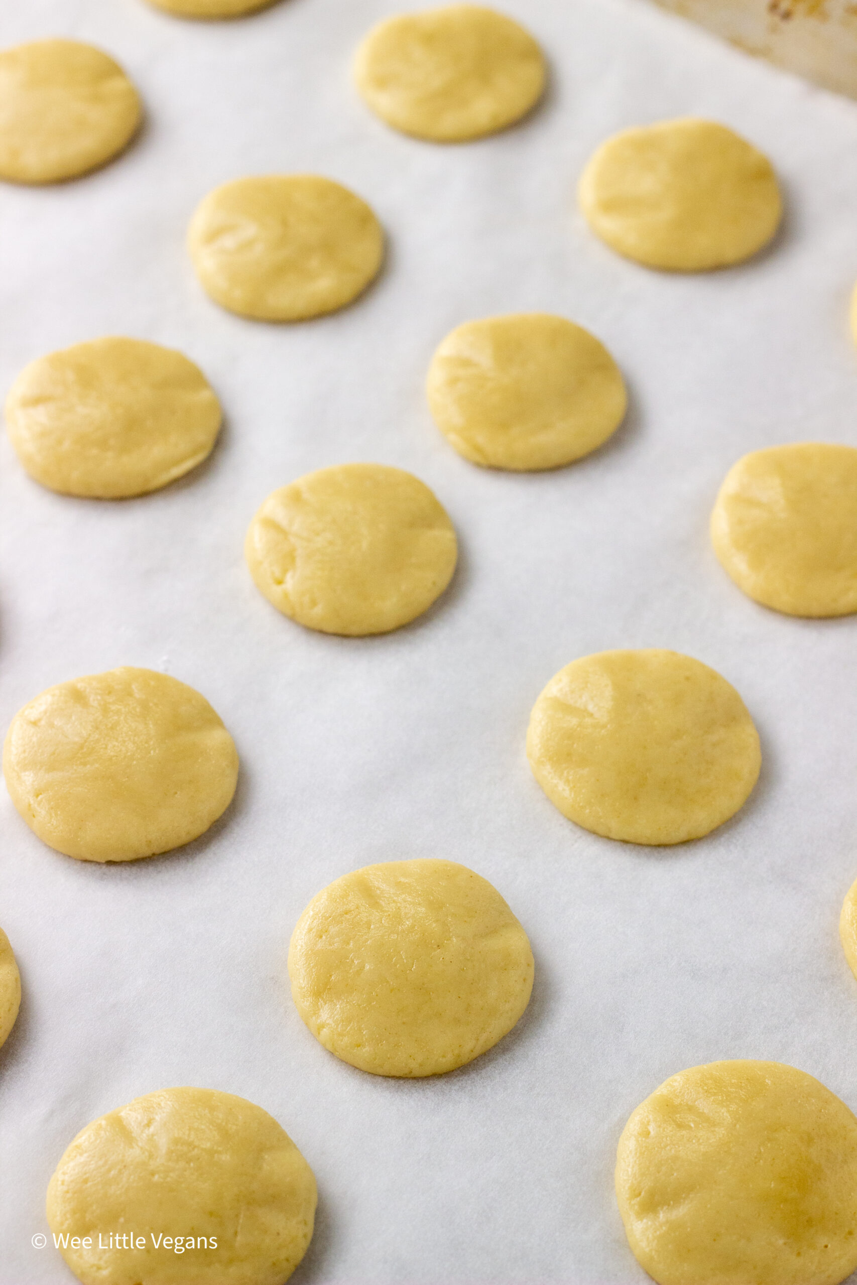 Vegan Vanilla Wafers on sheet pan before baking.