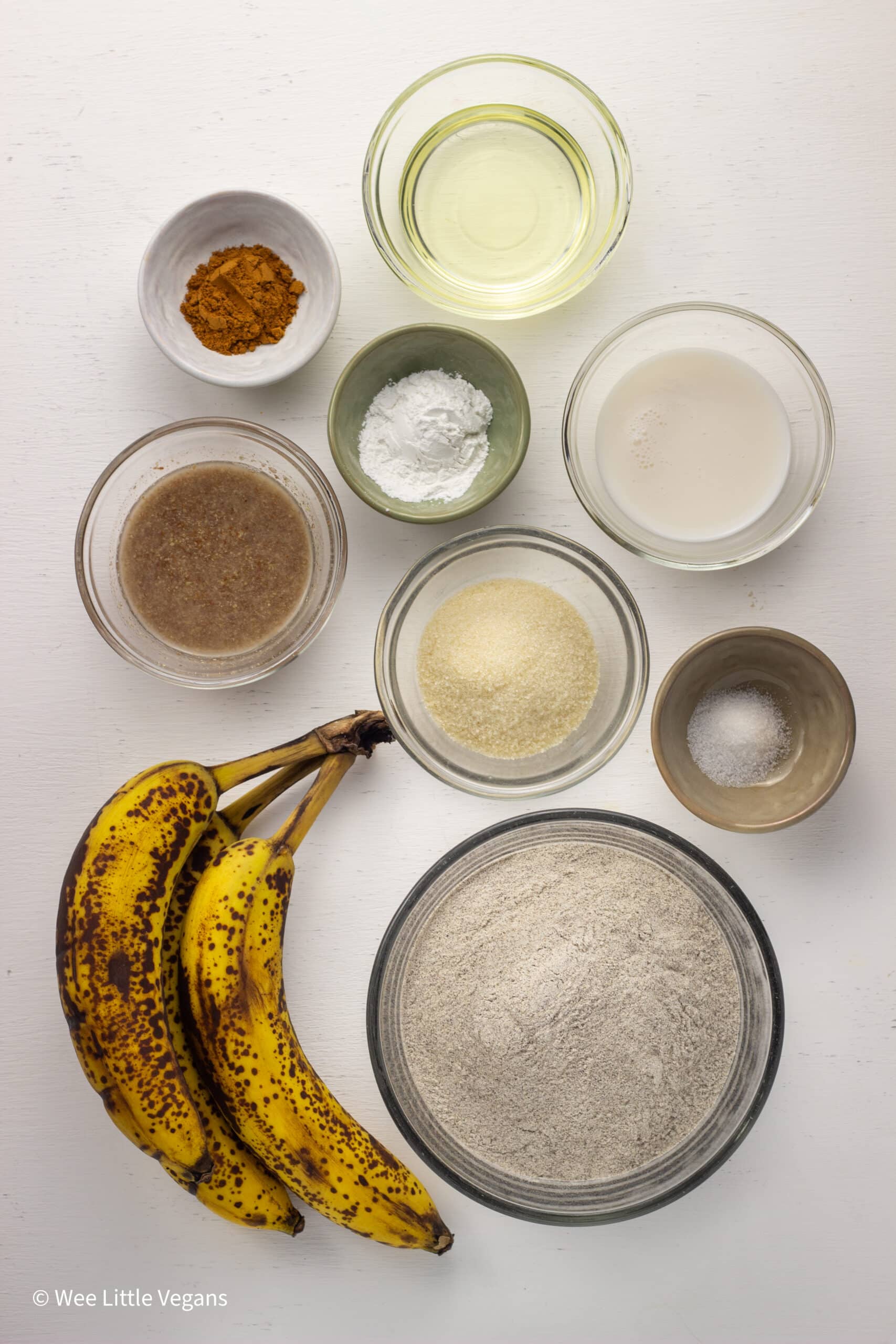 Overhead view of ingredients to make Banana Buckwheat Muffins.