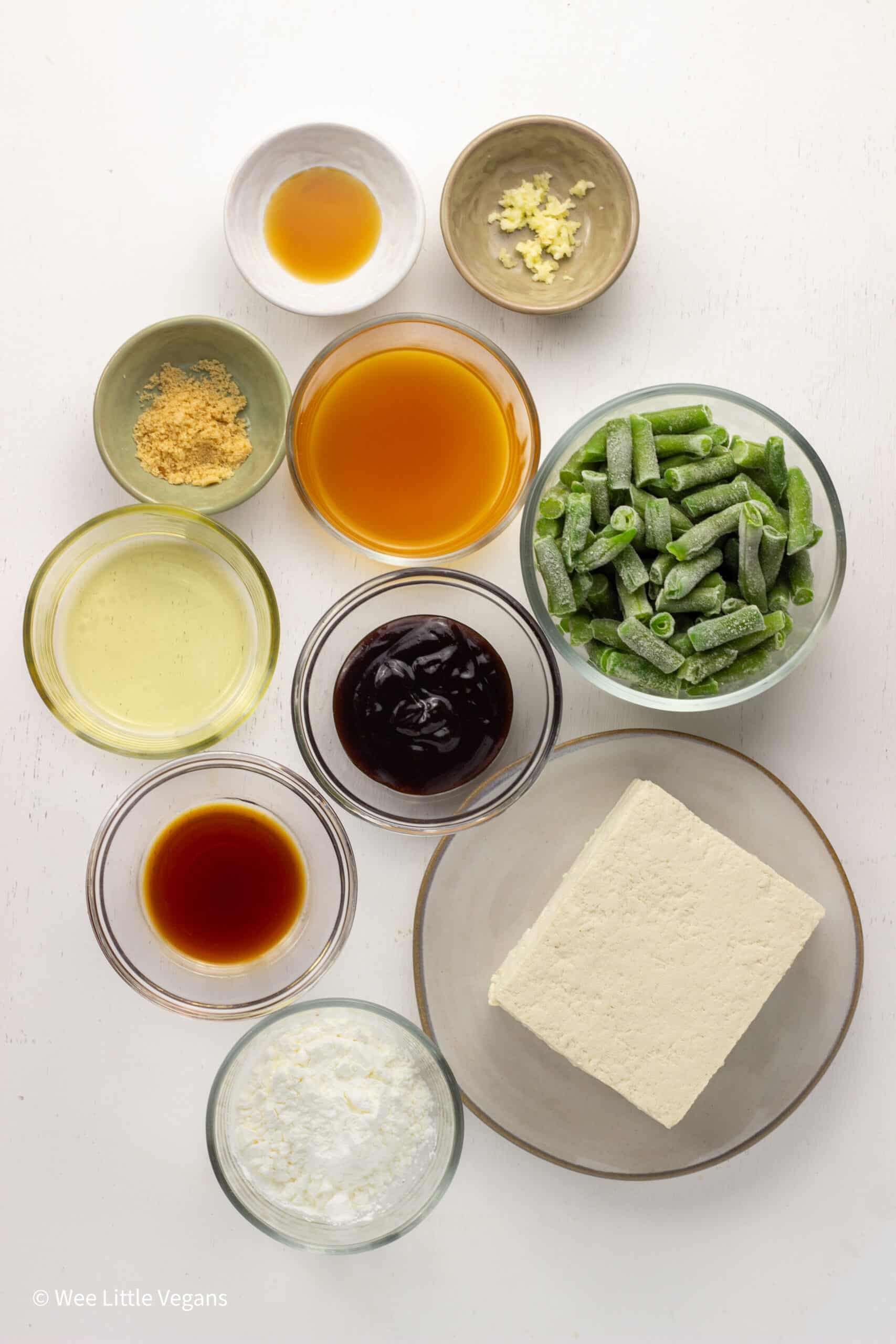 Overhead shot of ingredients to make hoisin sauce for tofu.