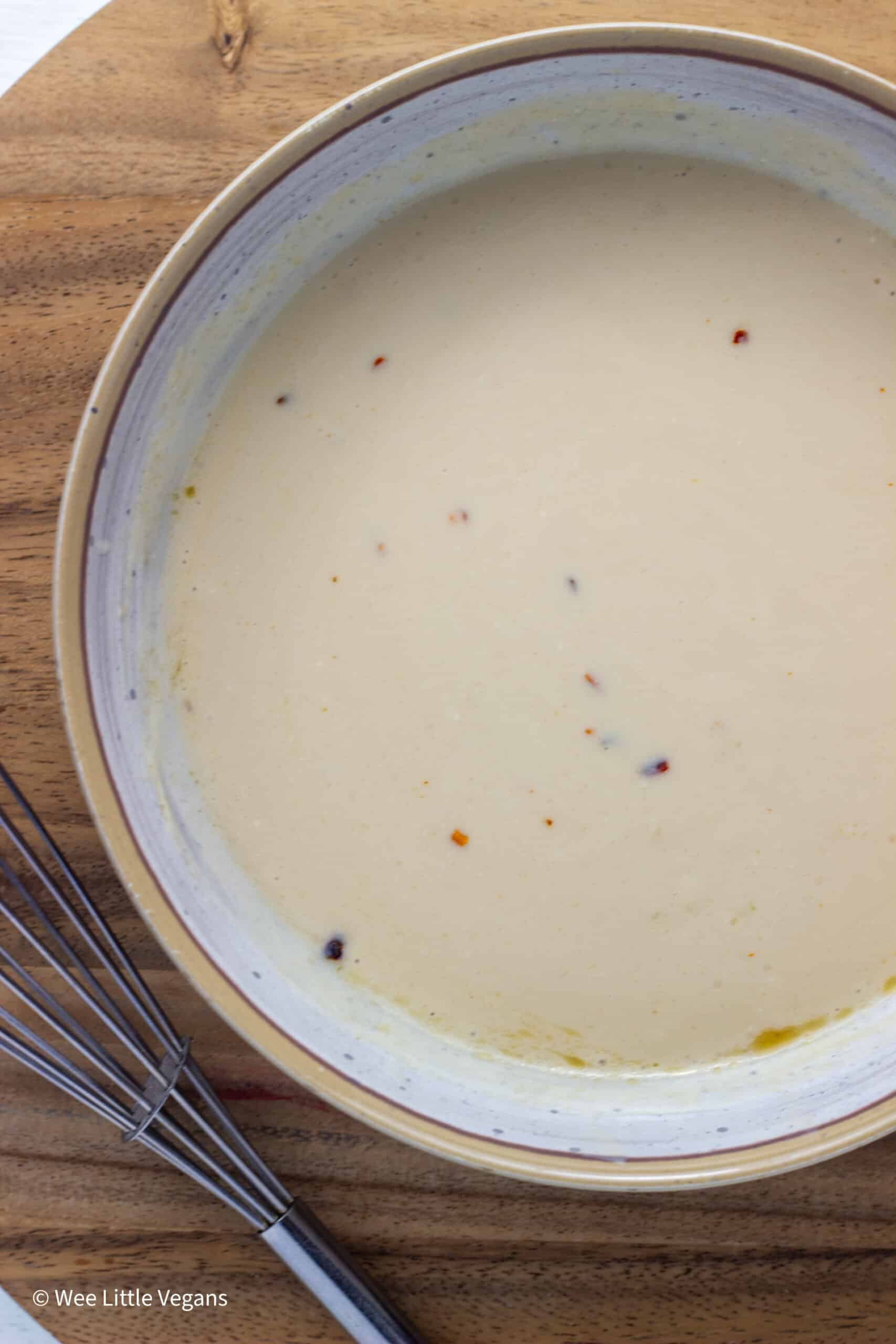 Overhead shot of dressing for Sesame Tofu Pasta Salad in a bowl.