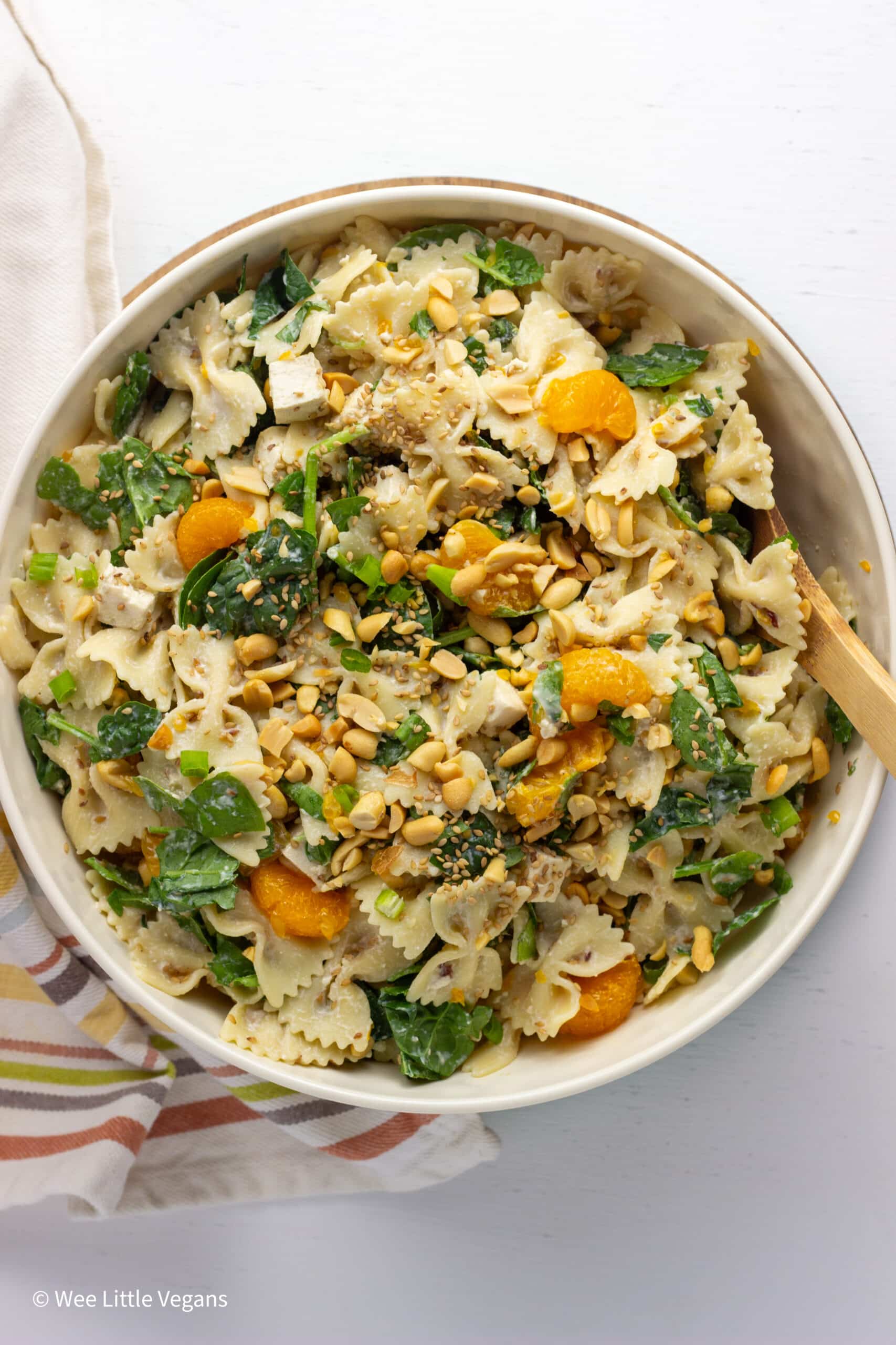 Overhead shot of Sesame Tofu Pasta Salad in a large bowl.