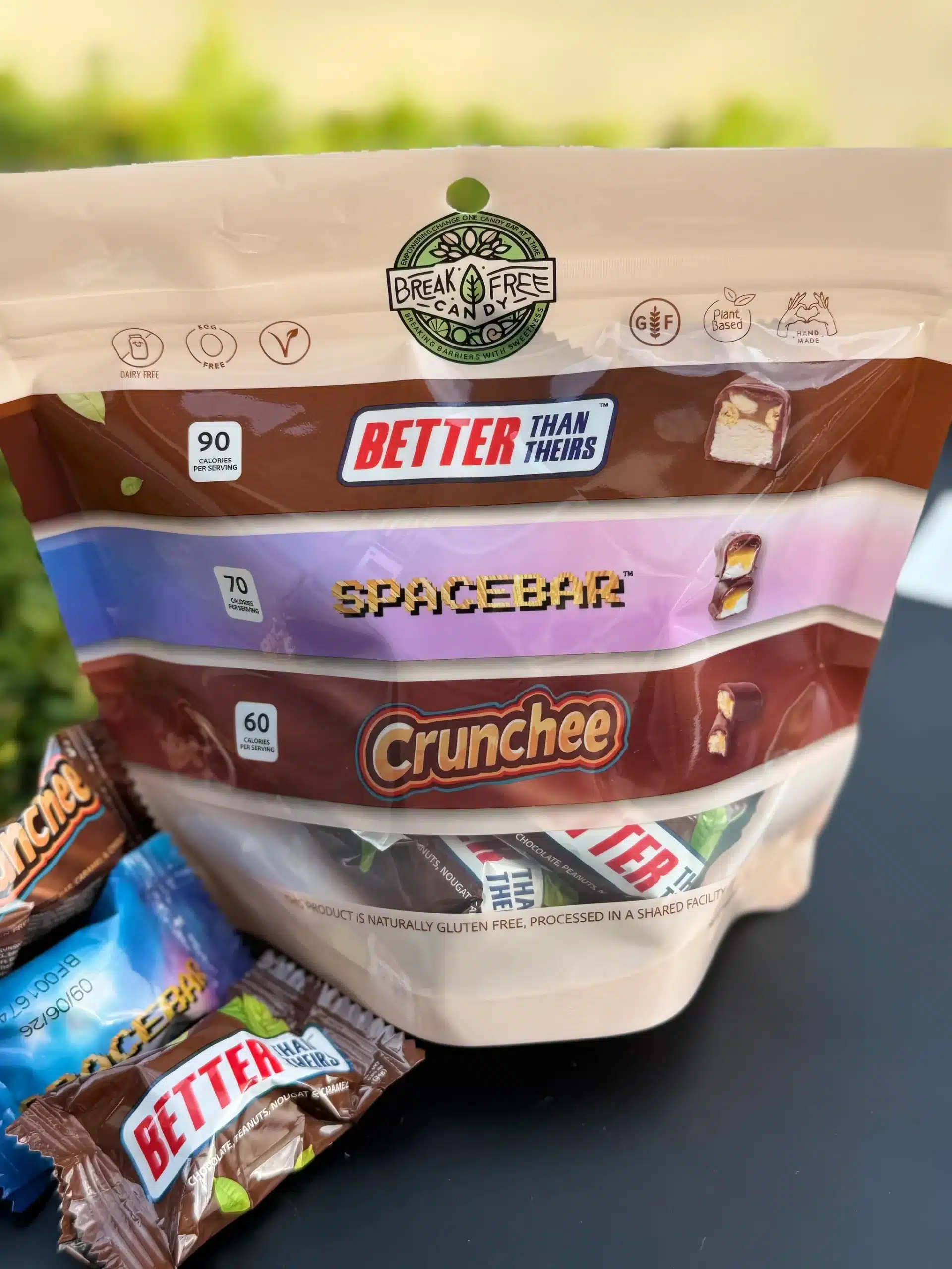 A bag of Break Free Candy mini variety bag. It contains Better Than Theirs, Spacebar and Crunchee.