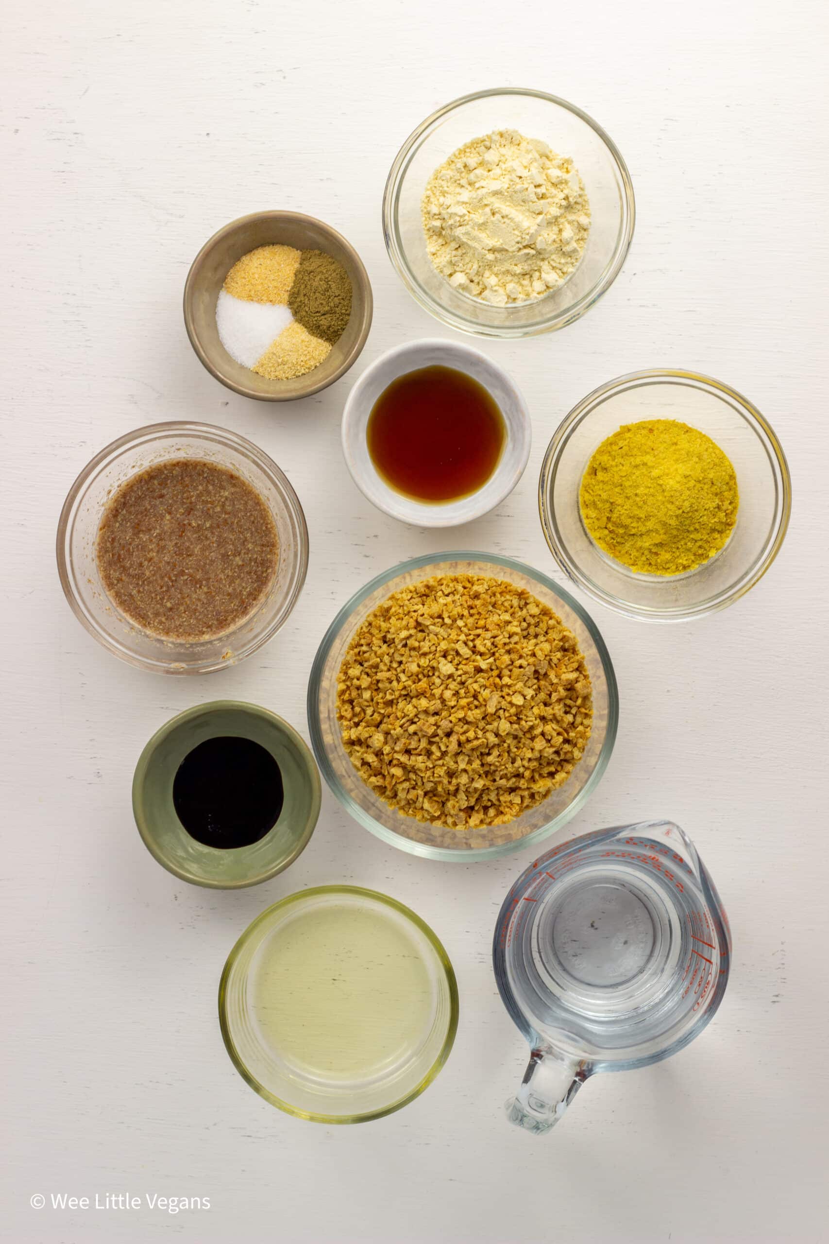 Overhead shot of ingredients to make TVP Breakfast Sausages.