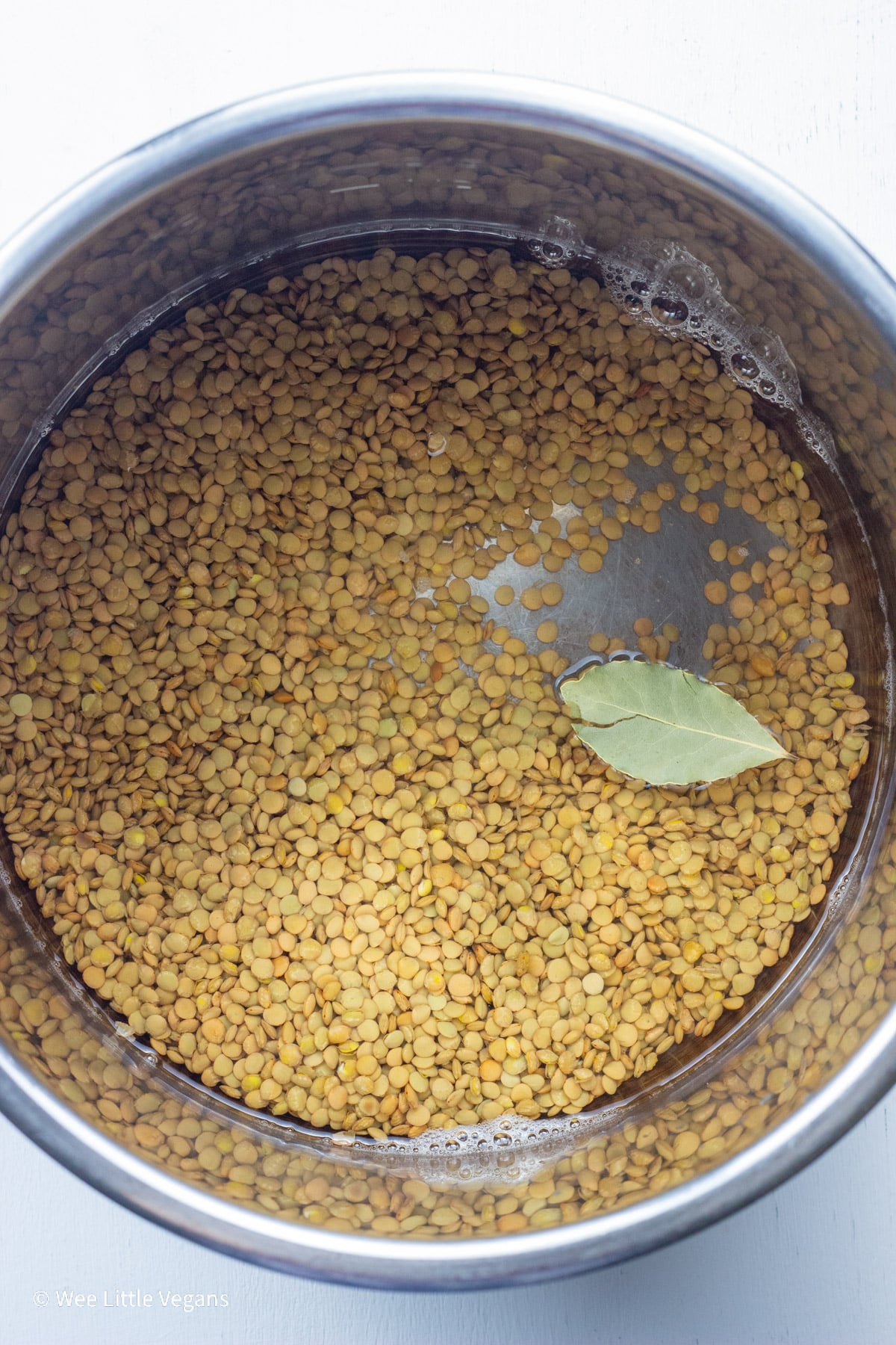 Overhead view of dry lentils in a pot of water with a bay leaf.