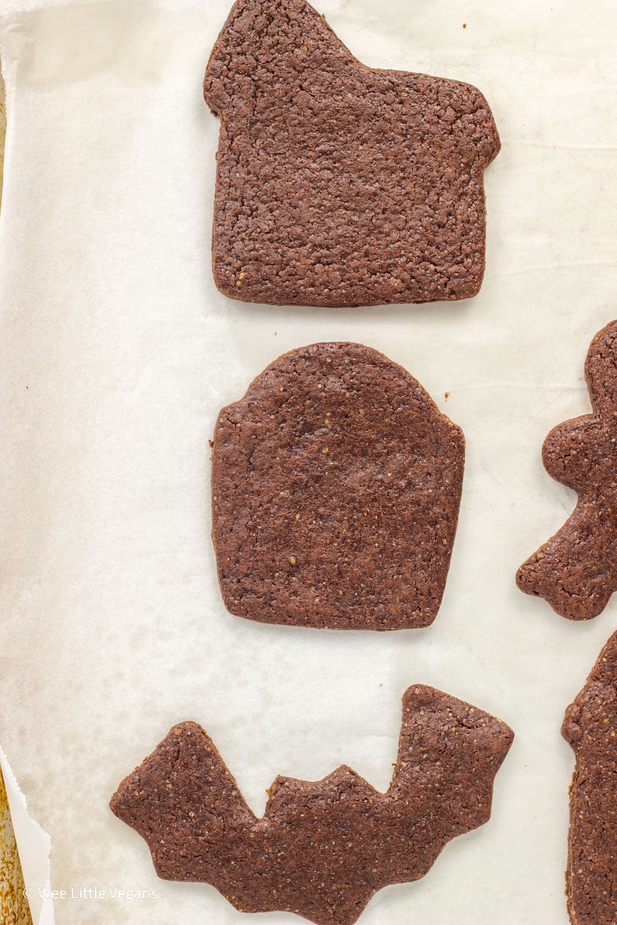 Overhead close up shot of a bat, tombstone and haunted house shaped chocolate cookie.