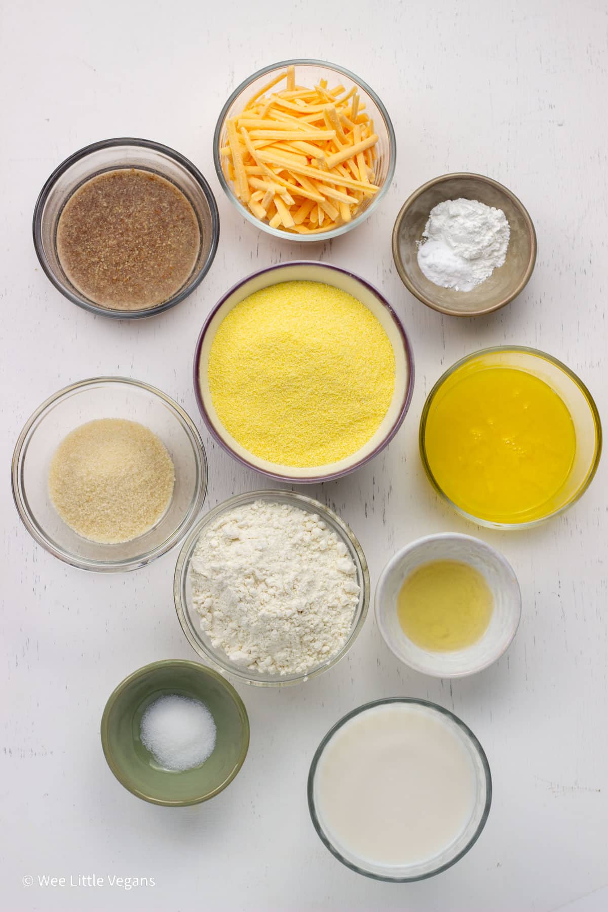 Overhead shot of the ingredients needed to make vegan Cornbread Waffles.
