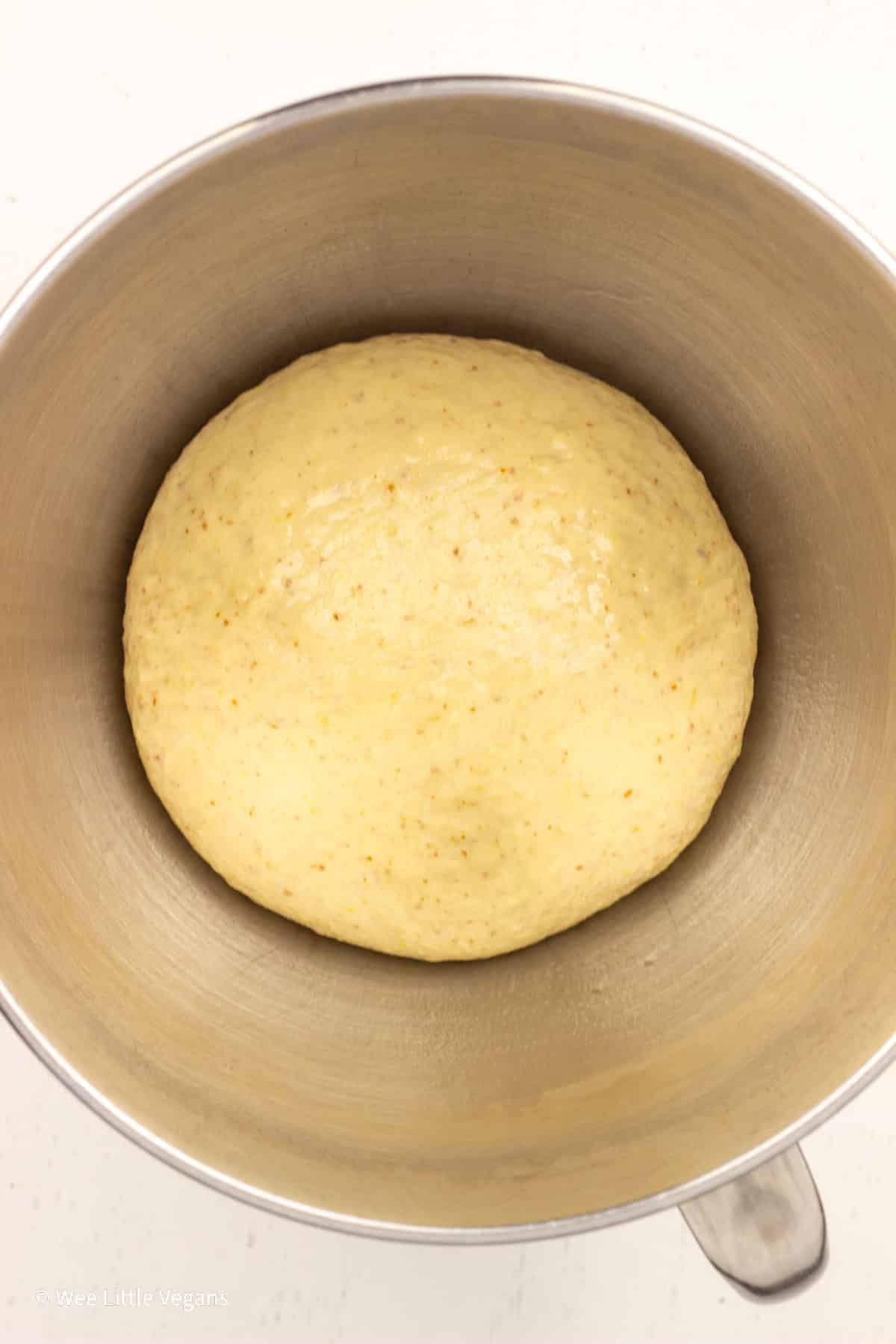 Overhead shot of dough in a mixing bowl.