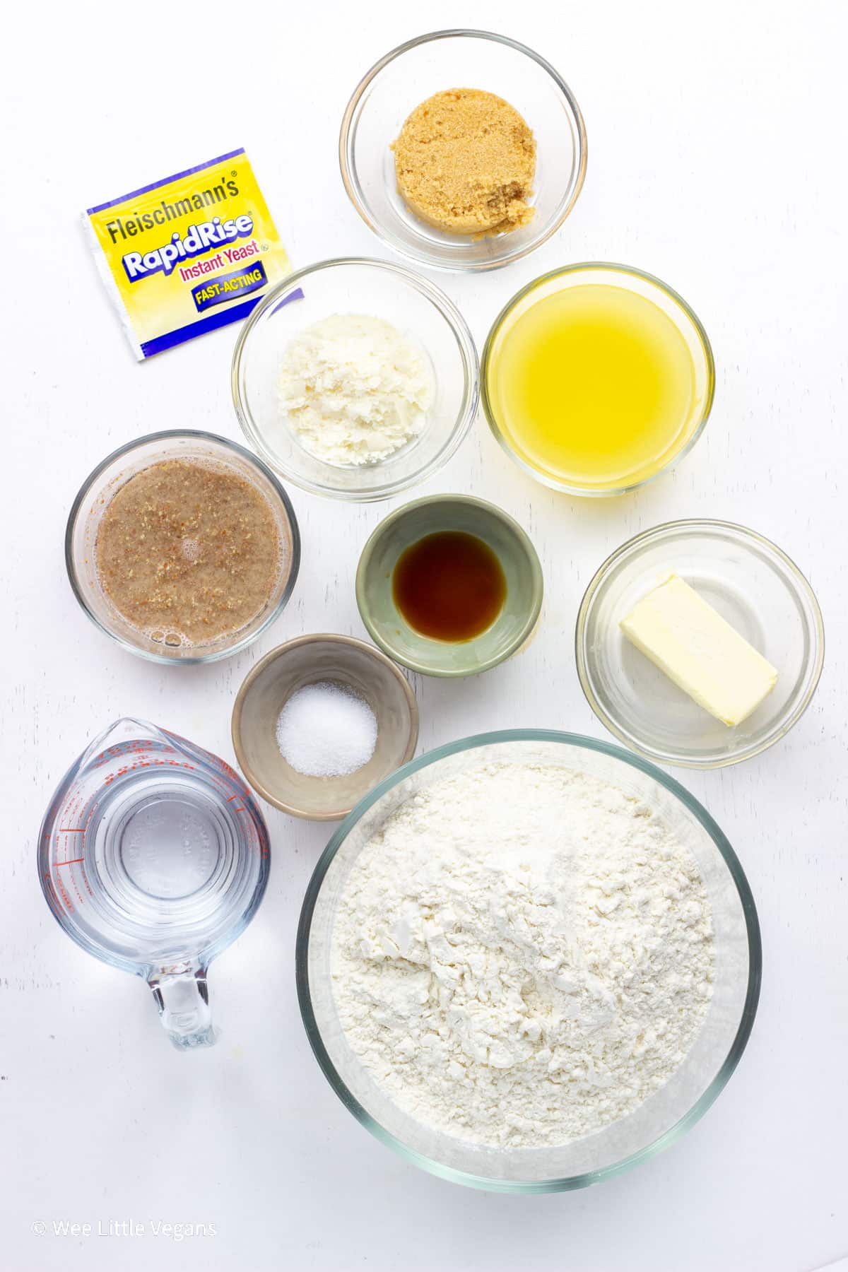 Overhead view of ingredients to make Vegan Hawaiian Rolls.