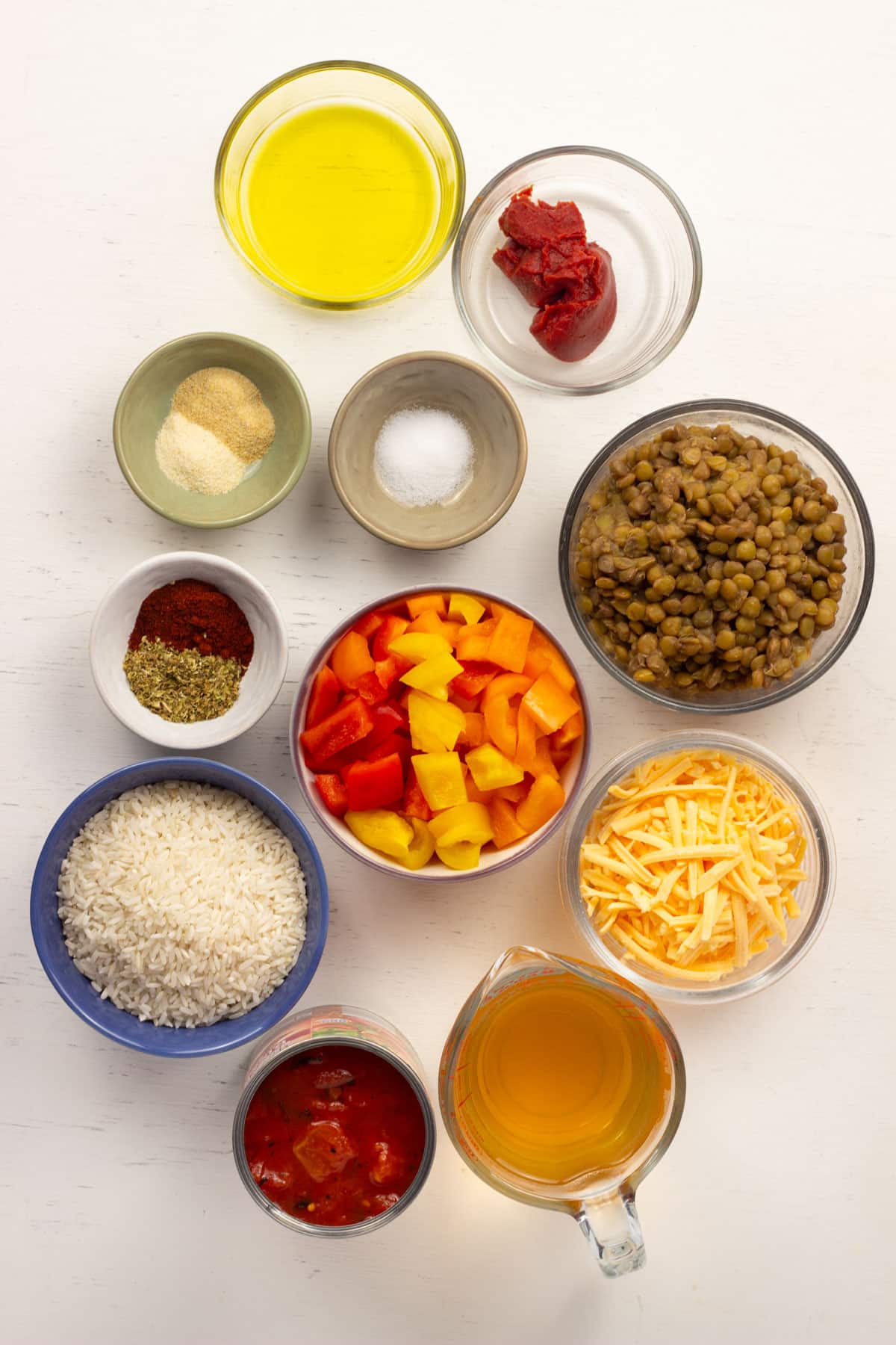 Overhead view of the ingredients needed to make Vegan Stuffed Peppers casserole.