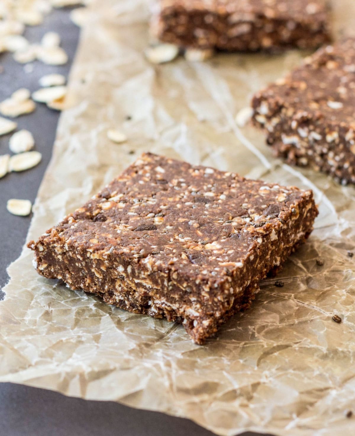 Double Chocolate Mint Oat Squares on parchment paper.
